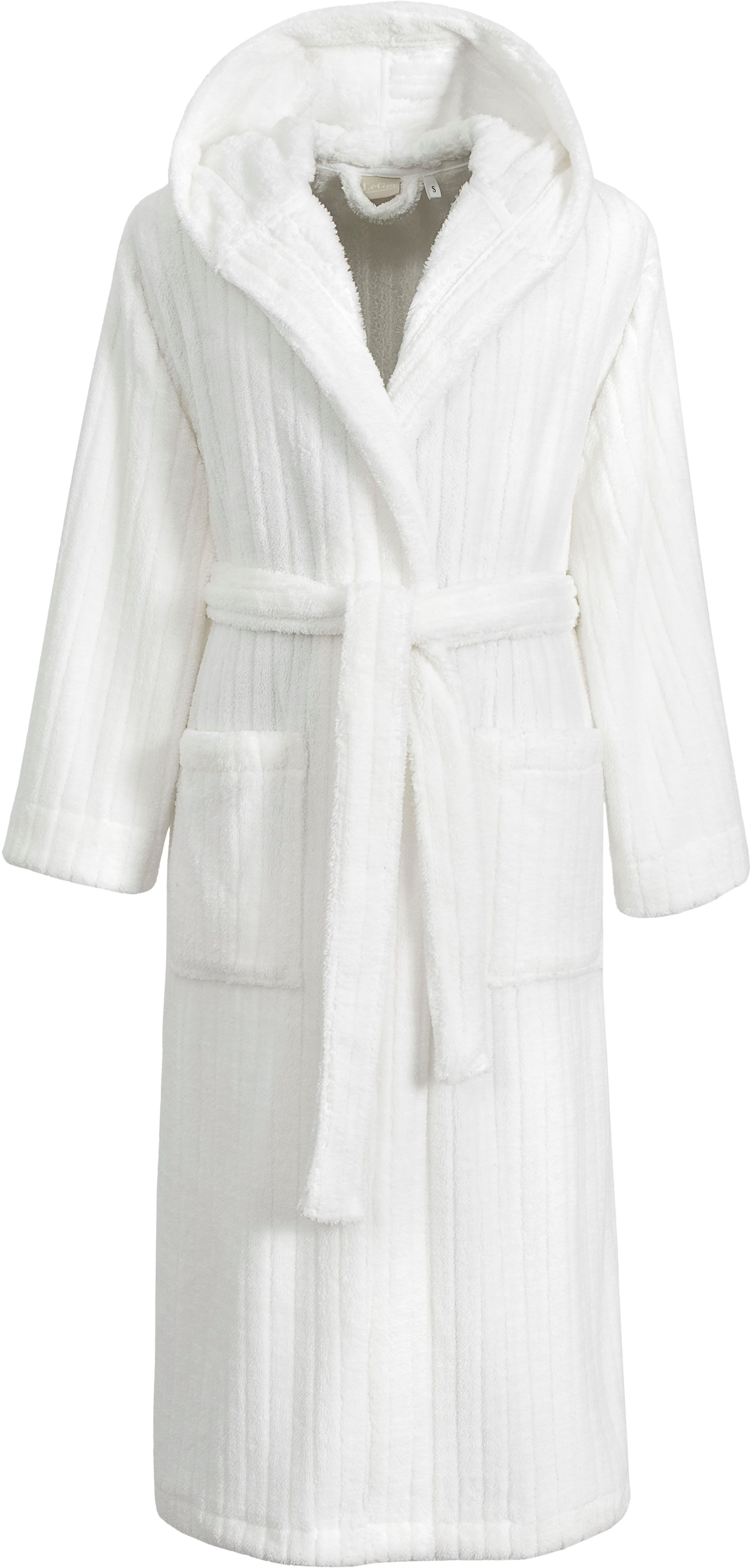 LeGer Home by Lena Gercke Unisex-Bademantel Lovina gestreift, ideal für Sauna & Spa, Hotelbademantel, Morgenmantel, Langform, Microfaser, Kapuze, Gürtel, Hoch-Tief, kuschelig weicher Fleece, plüsch, Damen und Herren, XS-3XL