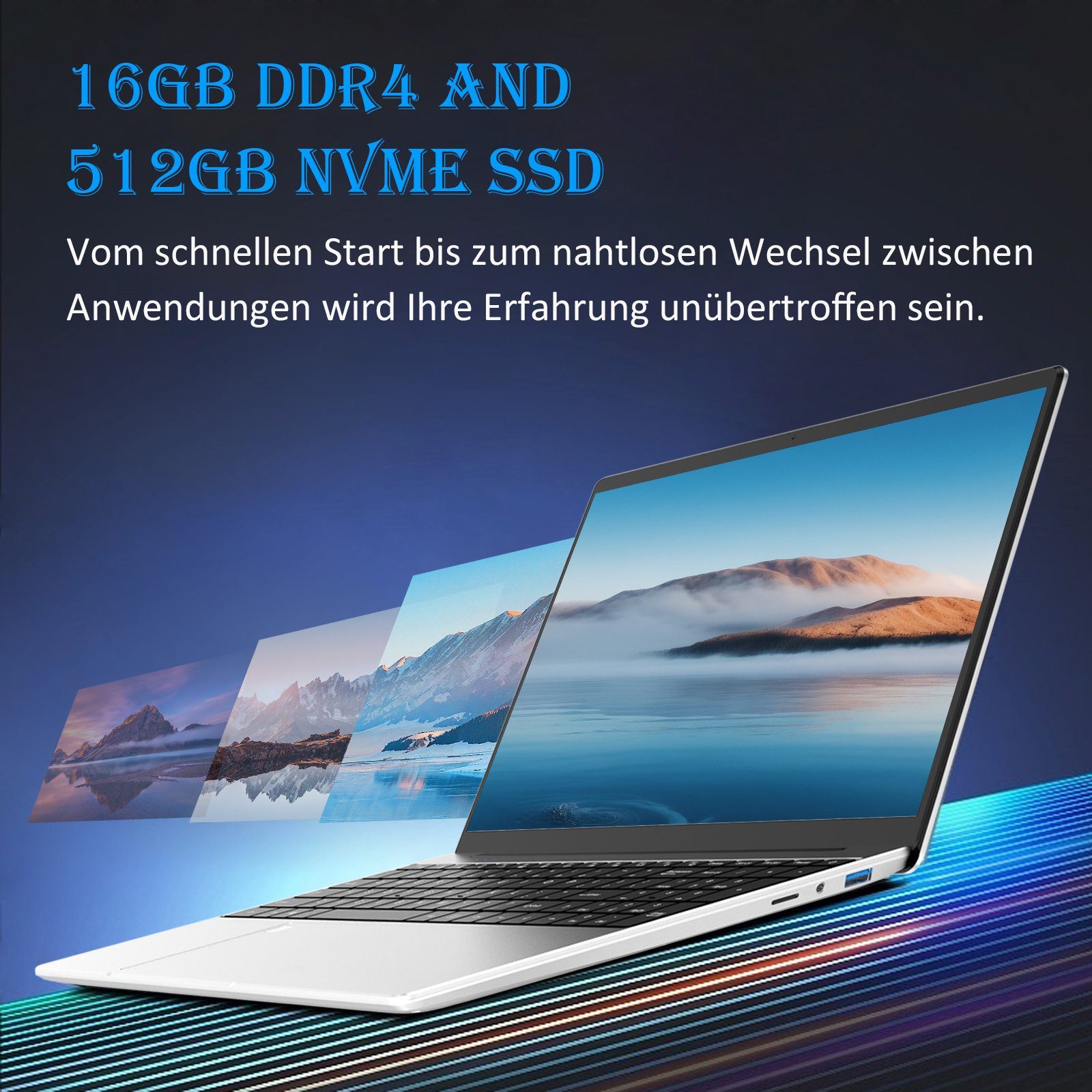 Auusda T152A Laptop, 15.6 Zoll, Intel N95, 16GB RAM, 512GB/1TB NVMe SSD Notebook (39,6 cm/15.6 Zoll, Intel Alder Lake-N95, 16 GB, 512 GB SSD, with Fingerprint Unlock, Cooling Fan, Webcam, Dual Speakers, Mini HDMI) silberfarben