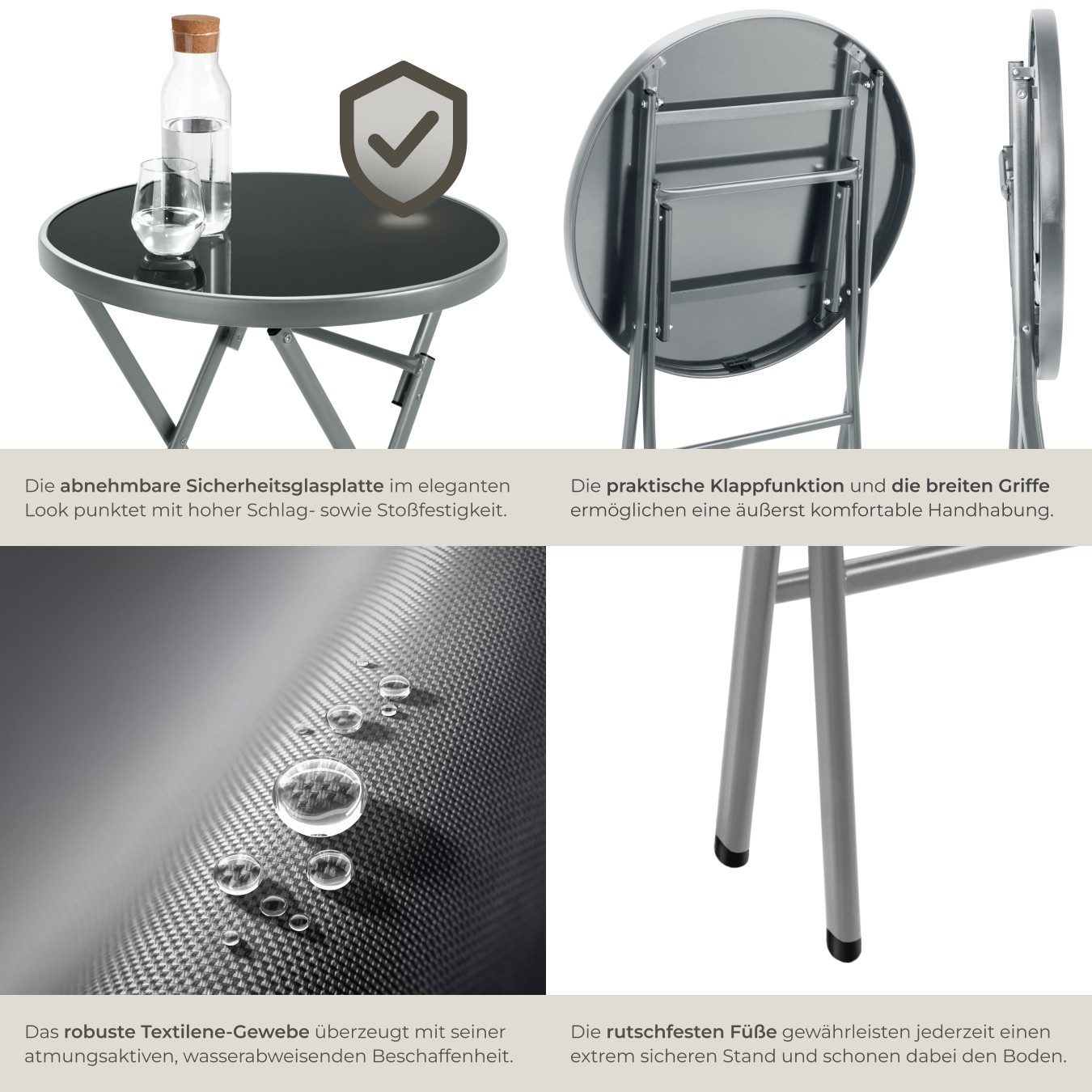 tectake Essgruppe Bistro-Set für 2 Personen, Tisch mit Sicherheitsglasplatte, (Gartenmöbel Düsseldorf, 3-tlg., in grau), klappbar, widerstandsfähig, UV-beständi – Bild 5 von 5