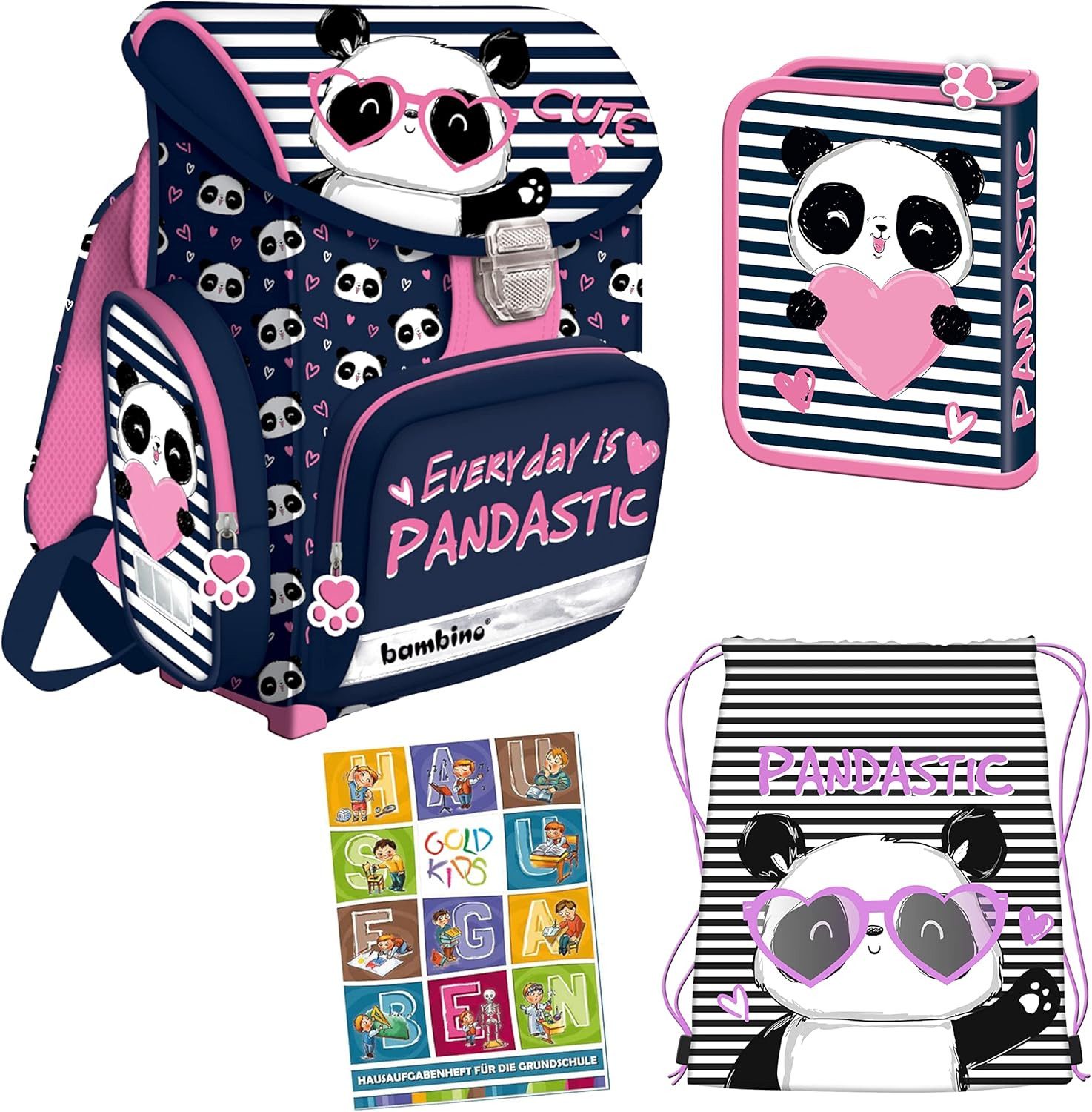 GOLDKIDS Ранці Lovely Panda 4er Set Ranzen Tornister (Federmappe Turnbeutel Turnsack, 1-tlg., Aufgabenheft für die Grundschule), Geeignet ab der ersten Klasse