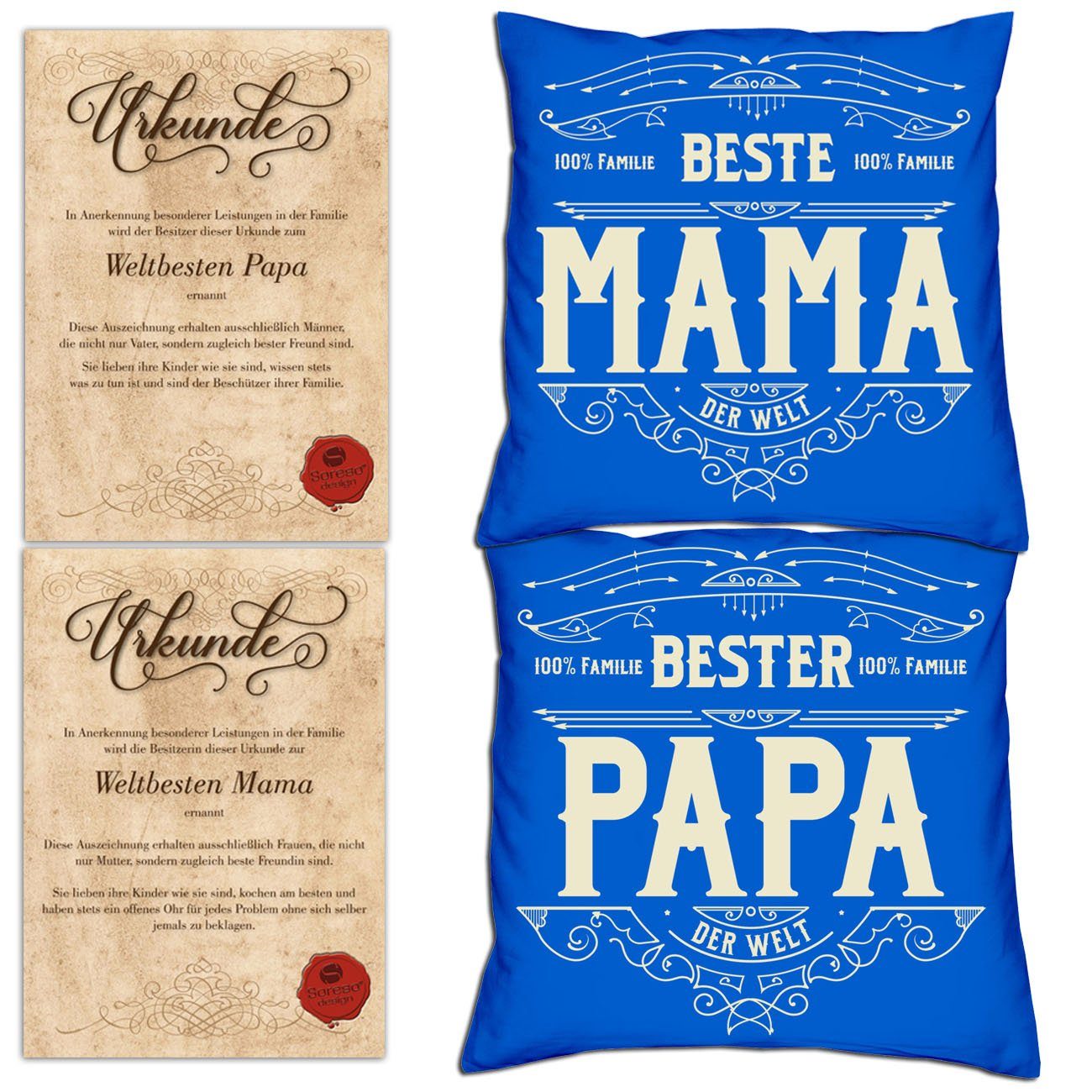 Soreso® Dekokissen Kissen-Set Bester Papa Beste Mama mit Urkunden, Weihnachtsgeschenk für Eltern royal-blau