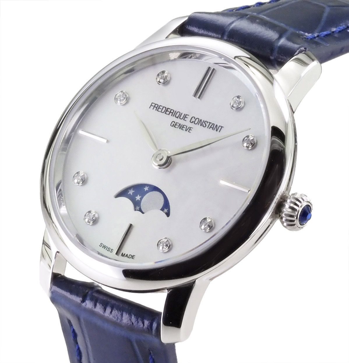 Frederique Constant Schweizer Uhr Damen Uhr Classic 30 mm Ø Moonphase FC-206MPWD1S6 Classic Slimline Ladies Moonphase, Index : 8 Diamanten 0,04 ct, Mondphase