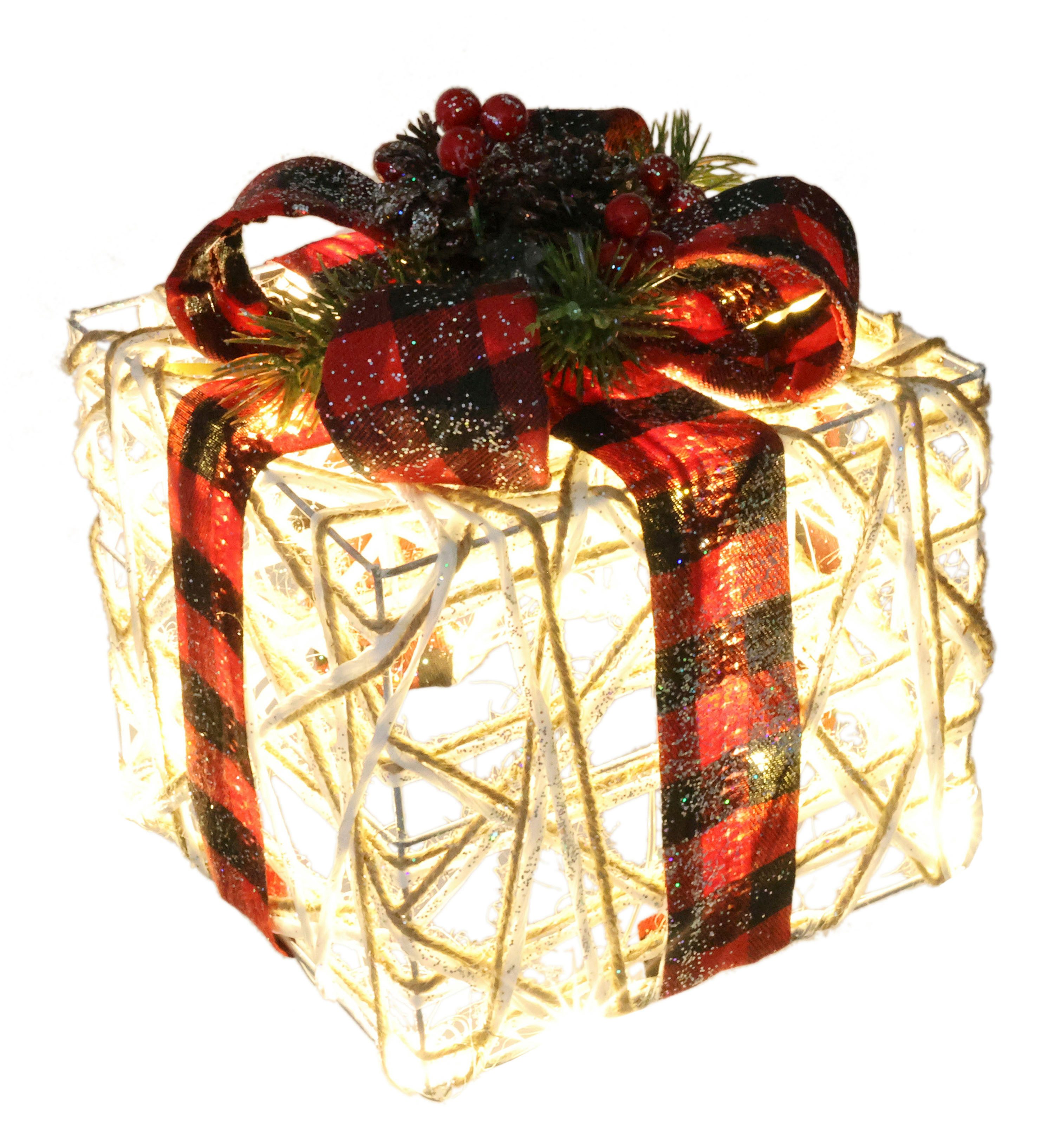 I.GE.A. Dekofigur Weihnachtsfigur Leuchtfigur LED-Geschenk mit Schleife (1 St), Geschenkpaket Schleife Tanne Beeren Zapfen Weihnachtsdeko beleuchtet