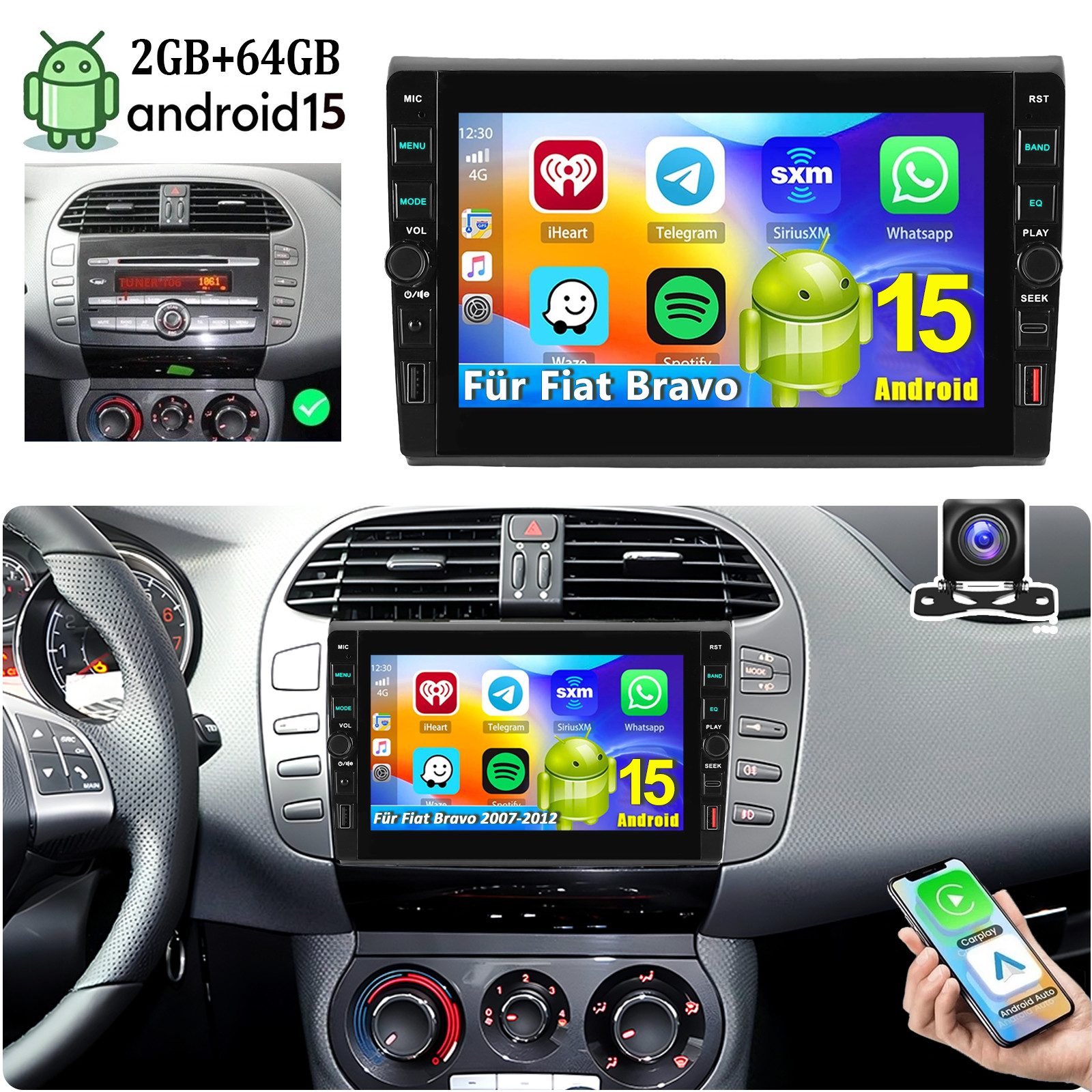 ESSGOO Autoradio Android15 Für Fiat Bravo 2007-12 CarPlay GPS USB- und Type-C Autoradio (RDS, 4+64GB(optional), Digitalradio (DAB), FM, USB- und Type-C, SWC, Apple Carplay Android Auto GPS Navi WIFI BT EQ mit USB- und Type-C)