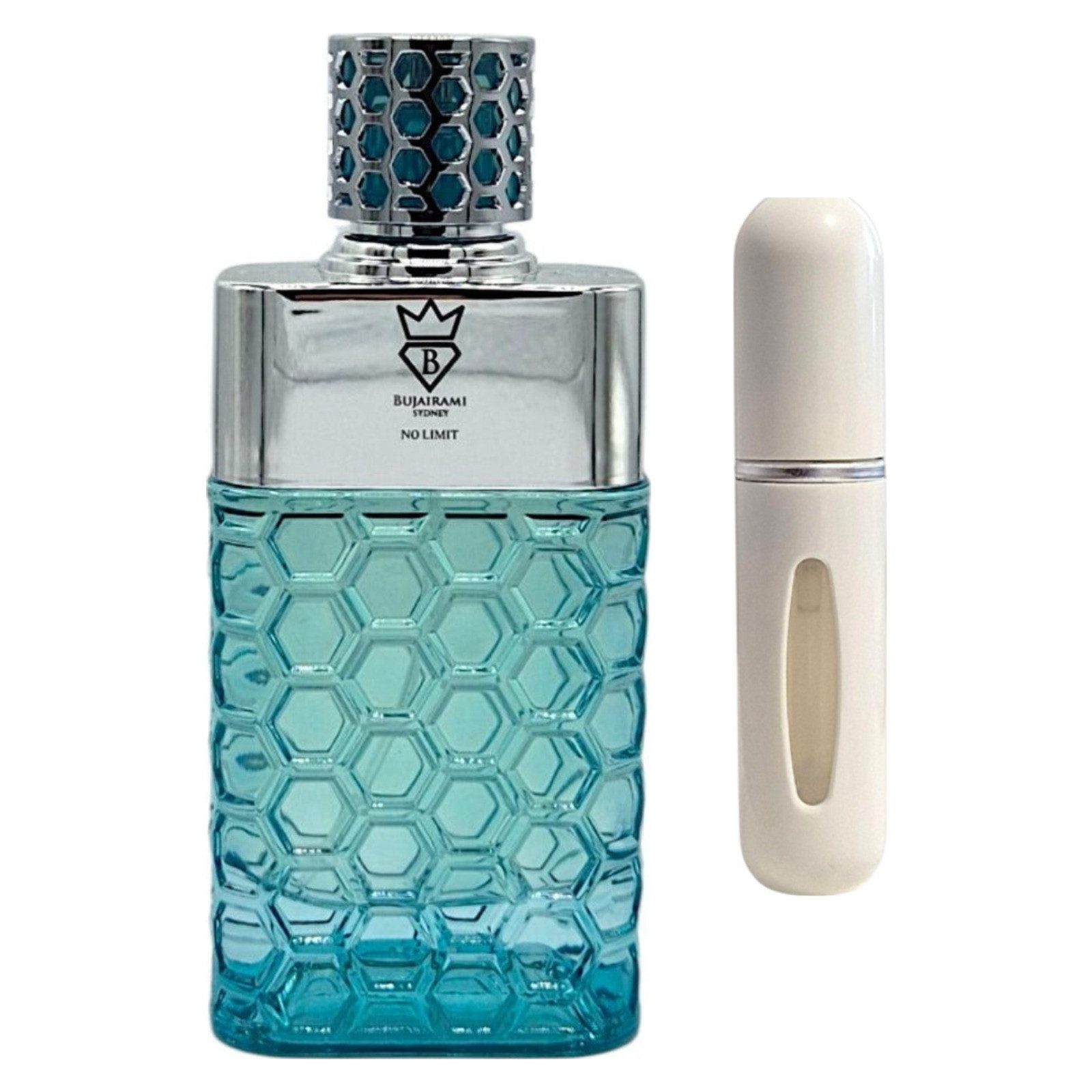 Bujairami Duft-Set No Limit EDP – Frisch Fruchtig + Parfümzerstäuber (leer)