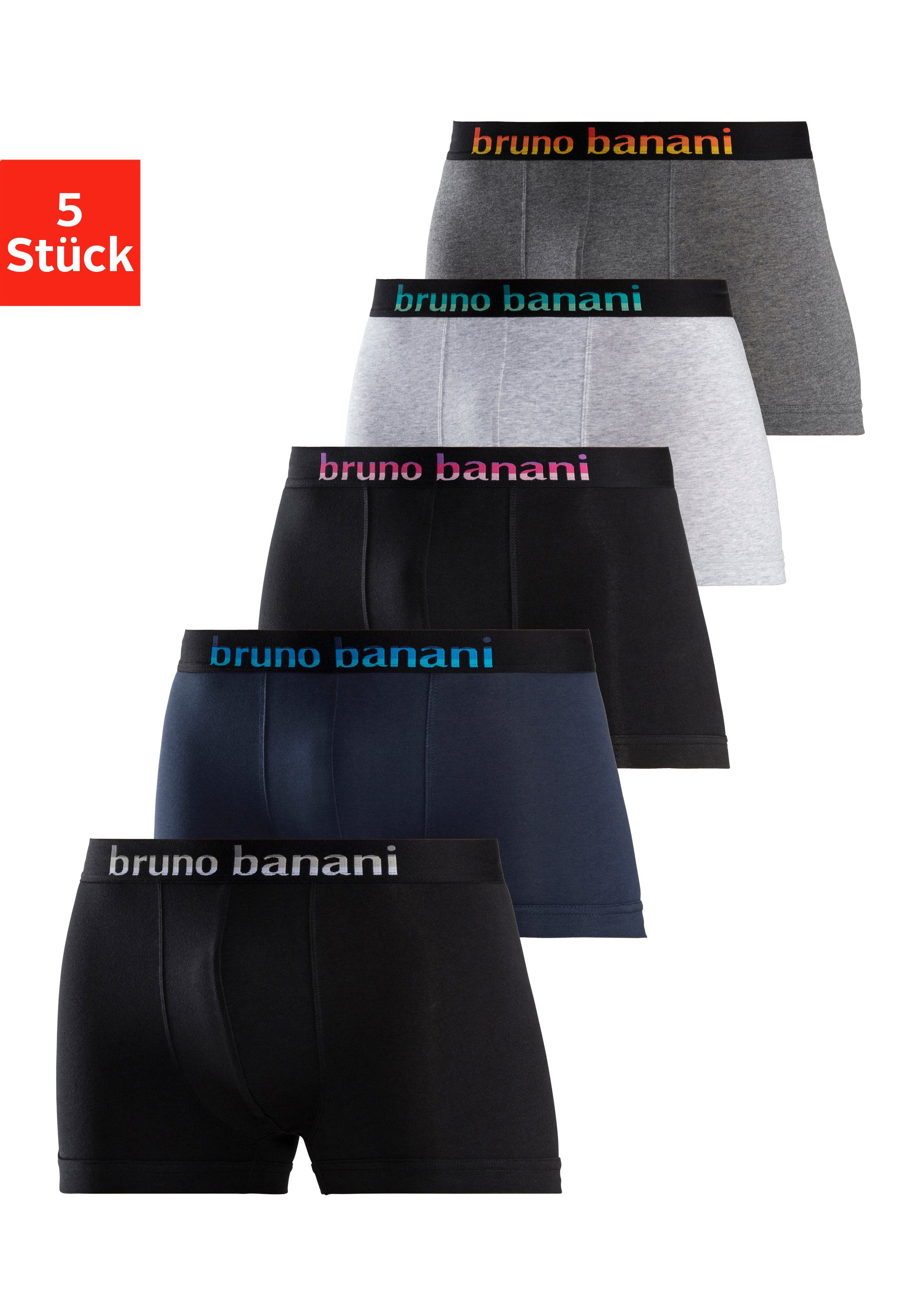 Bruno Banani Boxer (Packung, 5-St) schwarz-grau Streifen schwarz-mint, schwarz-pink, schwarz-blau, mit Logo Webbund schwarz-gelb