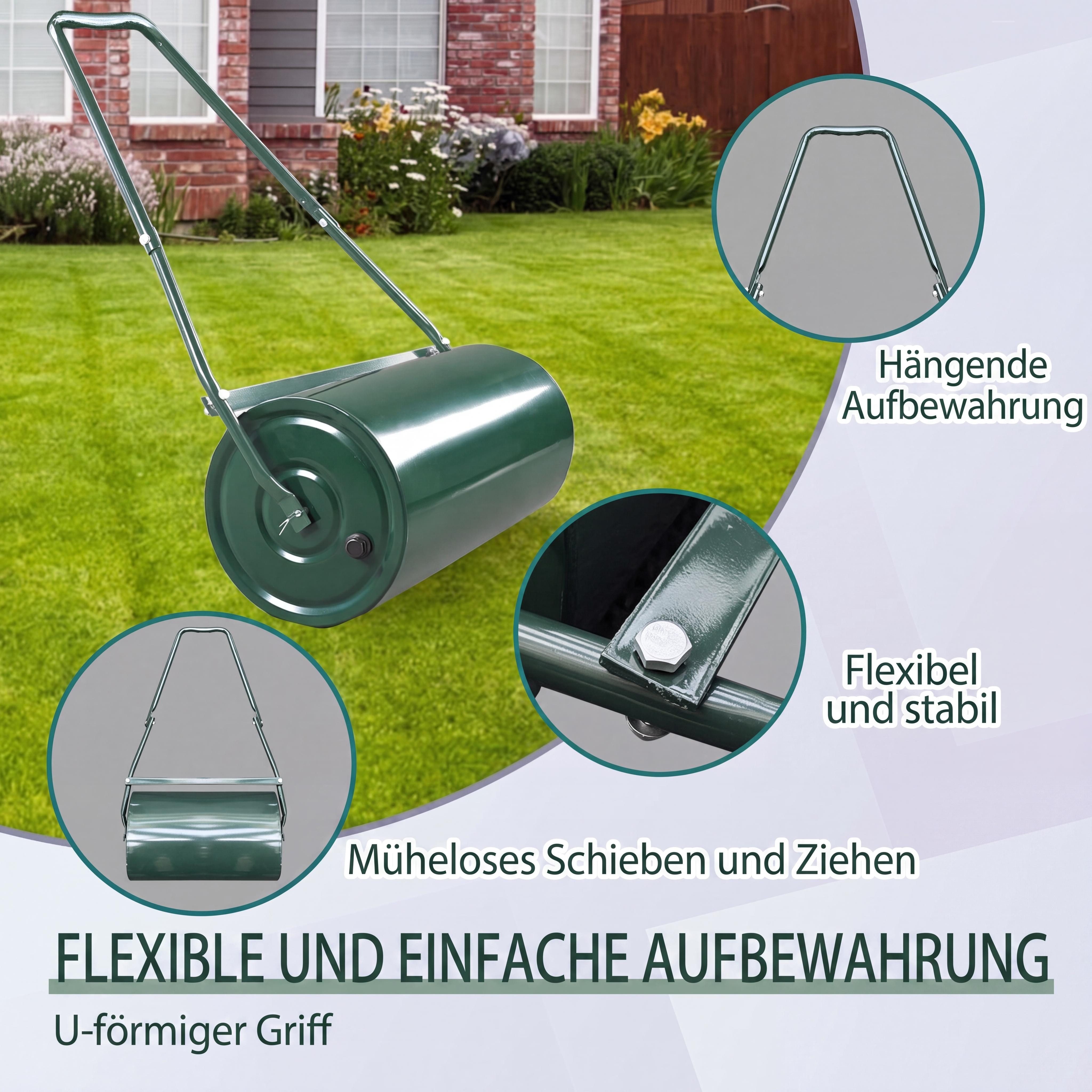 GarveeMore Rasenwalze Rasenwalze 50Cm, Befüllbar Sand-/Wasserfüllung 36l Bodenwalze Mit U-Gr