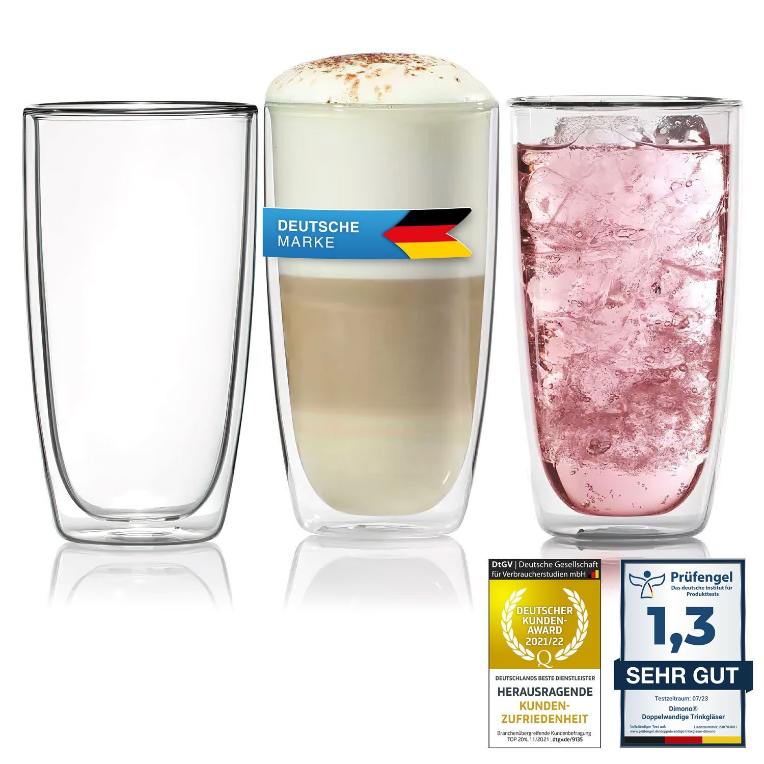 Dimono Latte-Macchiato-Tasse Doppelwandiges Trinkglas 450ml – Latte-Macchiato-Glas Borosilikat Set, 1-tlg., Borosilikat-Glas, Wasser- Longdrink- & Cocktailgläser