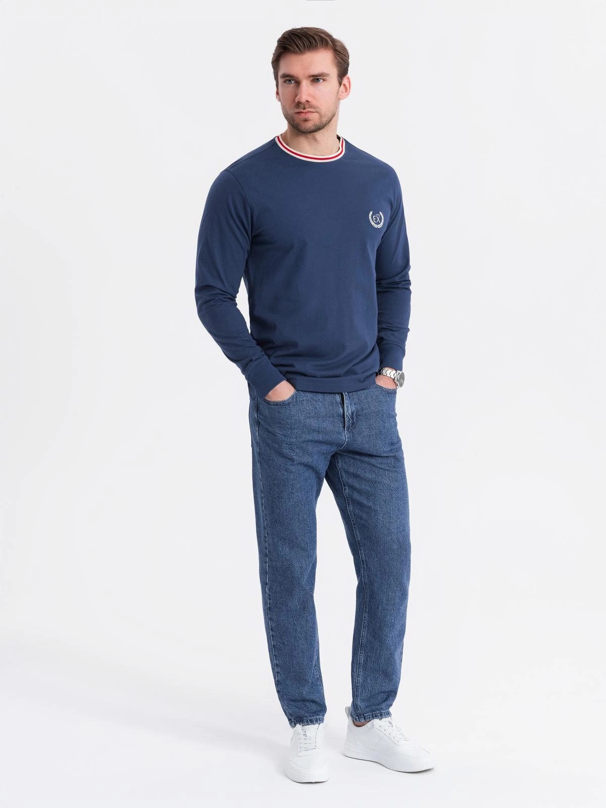 OMBRE Longsleeve Longsleeve aus Baumwolle mit U-Streifen-Ausschnitt und Stickerei