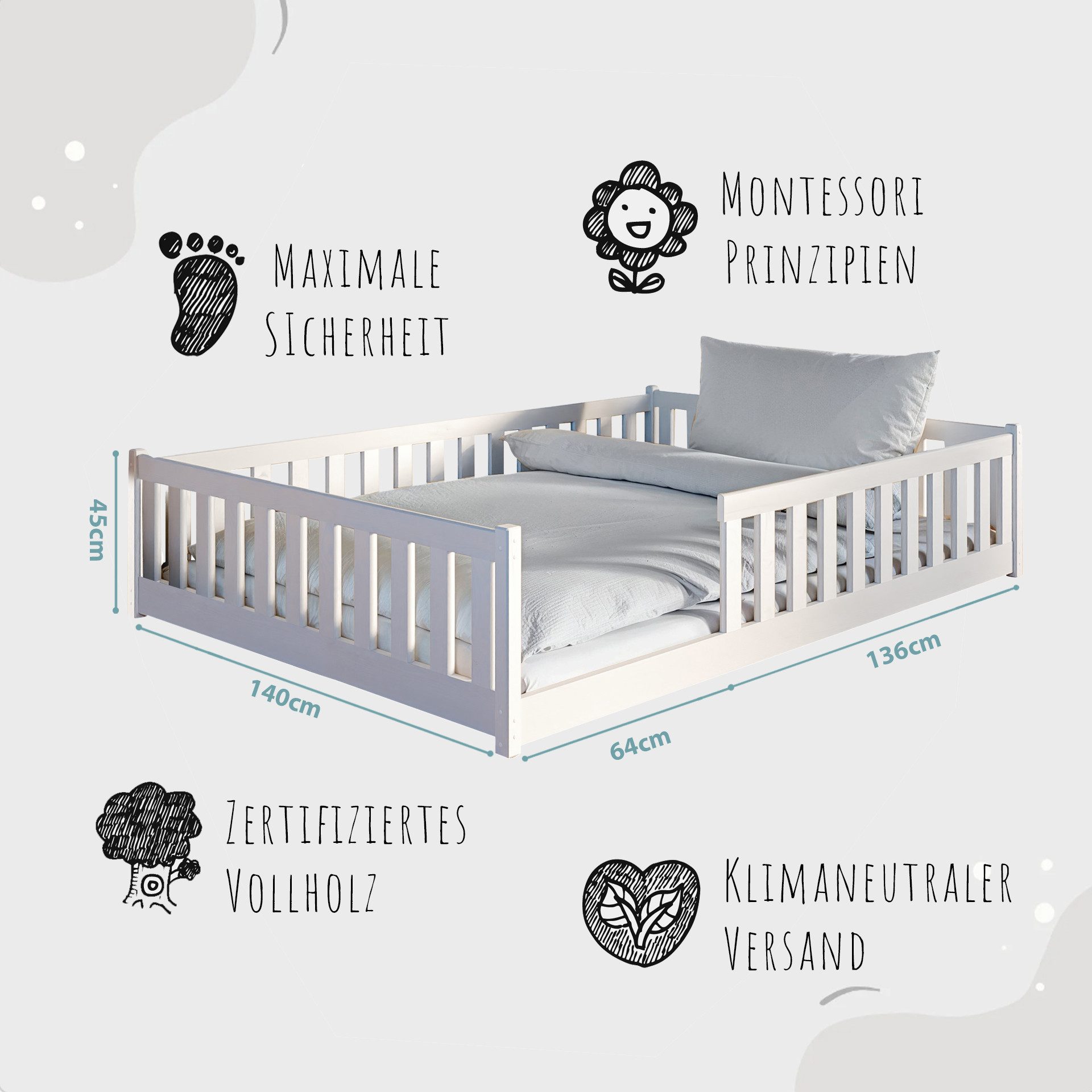 Kids Collective Kinderbett Bodenbett Bett mit Rausfallschutz & Lattenrost Montessori Bett Kinder (weitere Größen 80x160, 90x200, 120x200 cm), Gitterbett Jugendbett weiß Holz massiv Junge Mädchen 140x200cm
