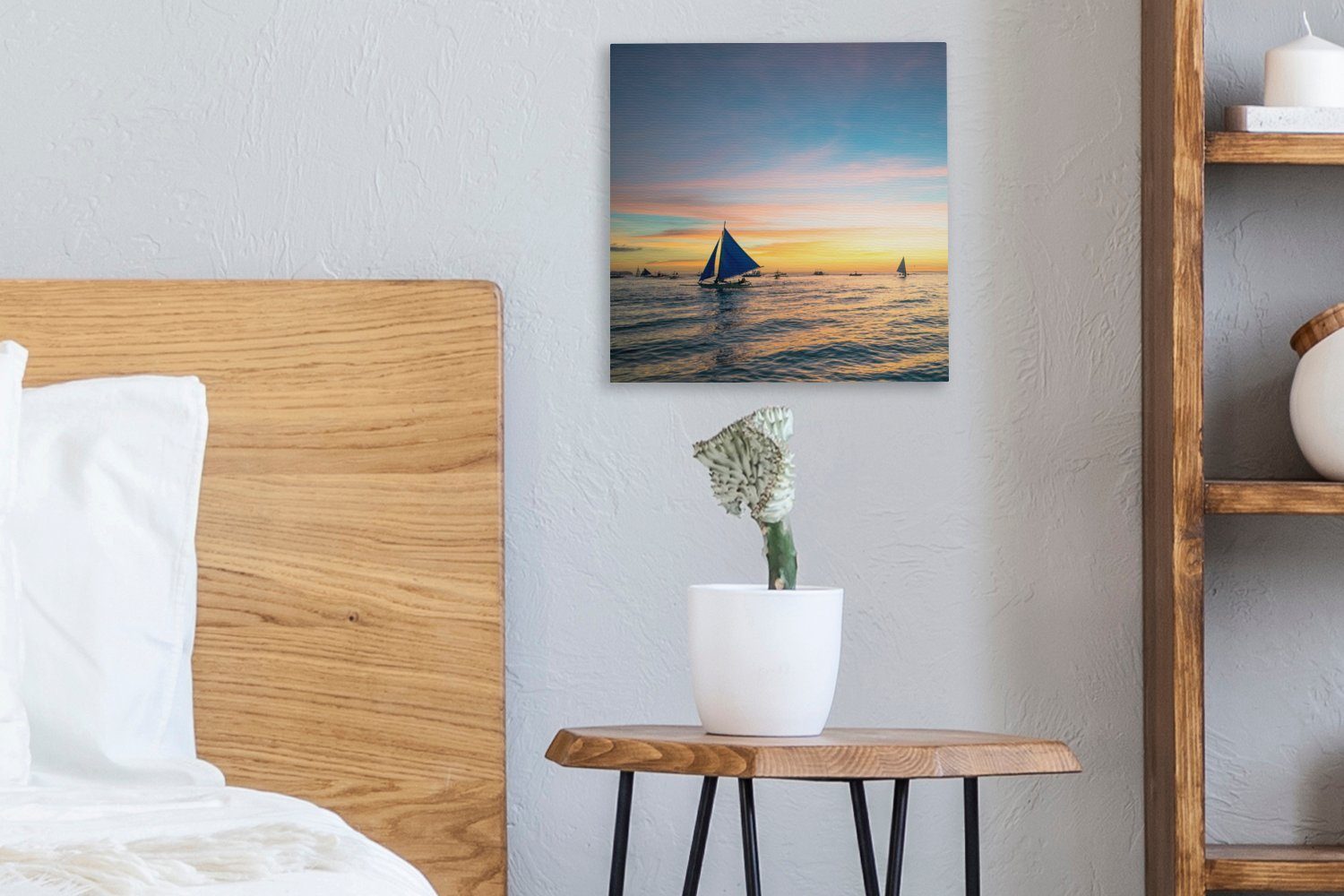 OneMillionCanvasses® Leinwandbild Sonnenuntergang mit auf Boracay, (1 Wasser für Wohnzimmer Schlafzimmer Segelbooten Bilder St), von dem Leinwand