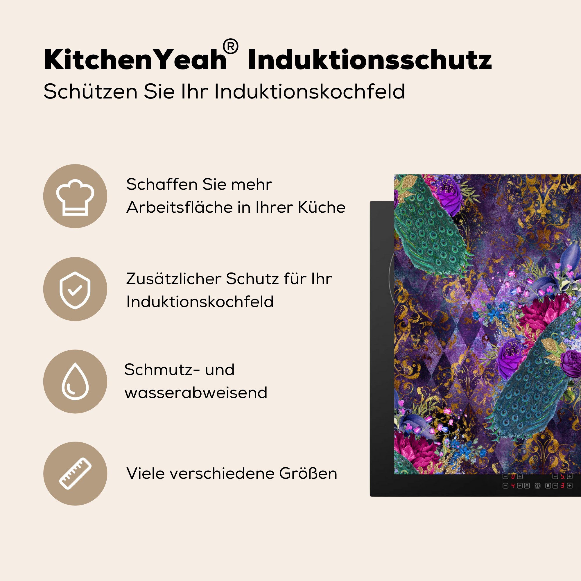 Muster 78x78 Violett, für küche cm, MuchoWow tlg), (1 - - Vinyl, Ceranfeldabdeckung, Arbeitsplatte Herdblende-/Abdeckplatte Pfau