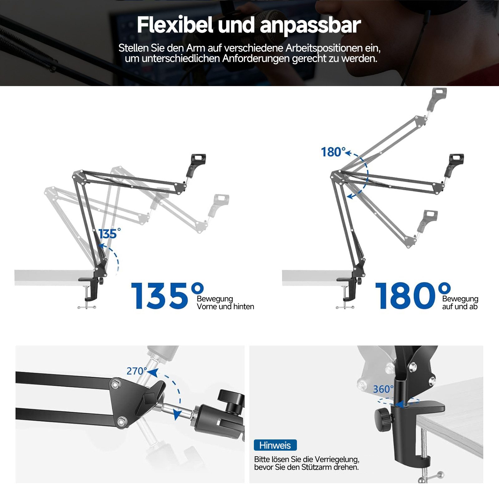 Neewer Mikrofon-Halterung NW-35A Mikrofonarmständer Universal, Hängendes Mikrofonstativ, (bis 1,2 Zoll, Packung, mit 3/8" bis 5/8" Schraube, für Yeti Snowball Q – Bild 5 von 5