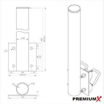 PremiumX Balkonhalter 40cm Ø 48mm Stahl Mast Geländer SAT Mast-Verlängerung SAT-Halterung