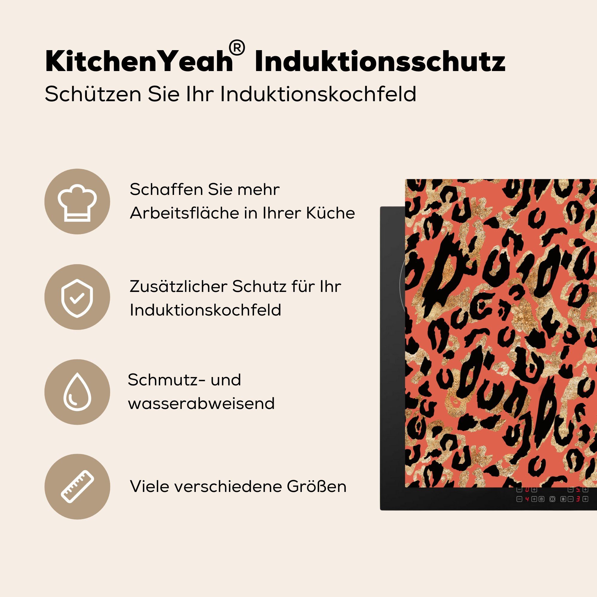 MuchoWow Herdblende-/Abdeckplatte Pantherdruck - für Schutz Rosa, 81x52 (1 Vinyl, cm, Induktionskochfeld küche, tlg), die Ceranfeldabdeckung Muster 