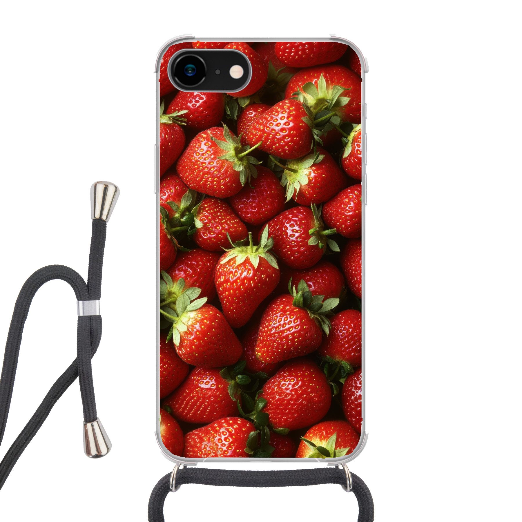 MuchoWow Handyhülle für Apple iPhone 8 Erdbeere - Obst - Rot, Tragbare Handyhüllen mit Kette zum umhängen, Handykette Handyband