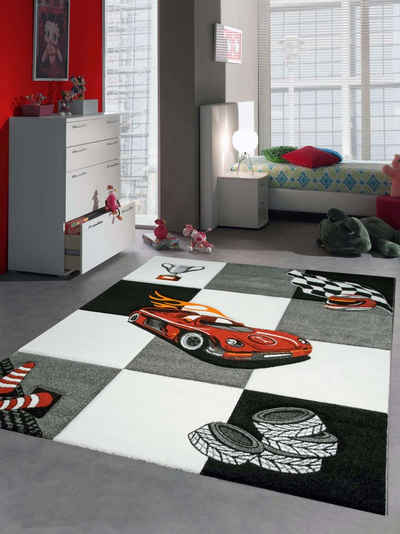 Kinderteppich Kinderteppich Spielteppich Kinderzimmer Teppich Auto Design Rennauto mit Konturenschnitt Creme Grau Rot Orange Schwarz, Teppich-Traum, Rund, Höhe: 13 mm