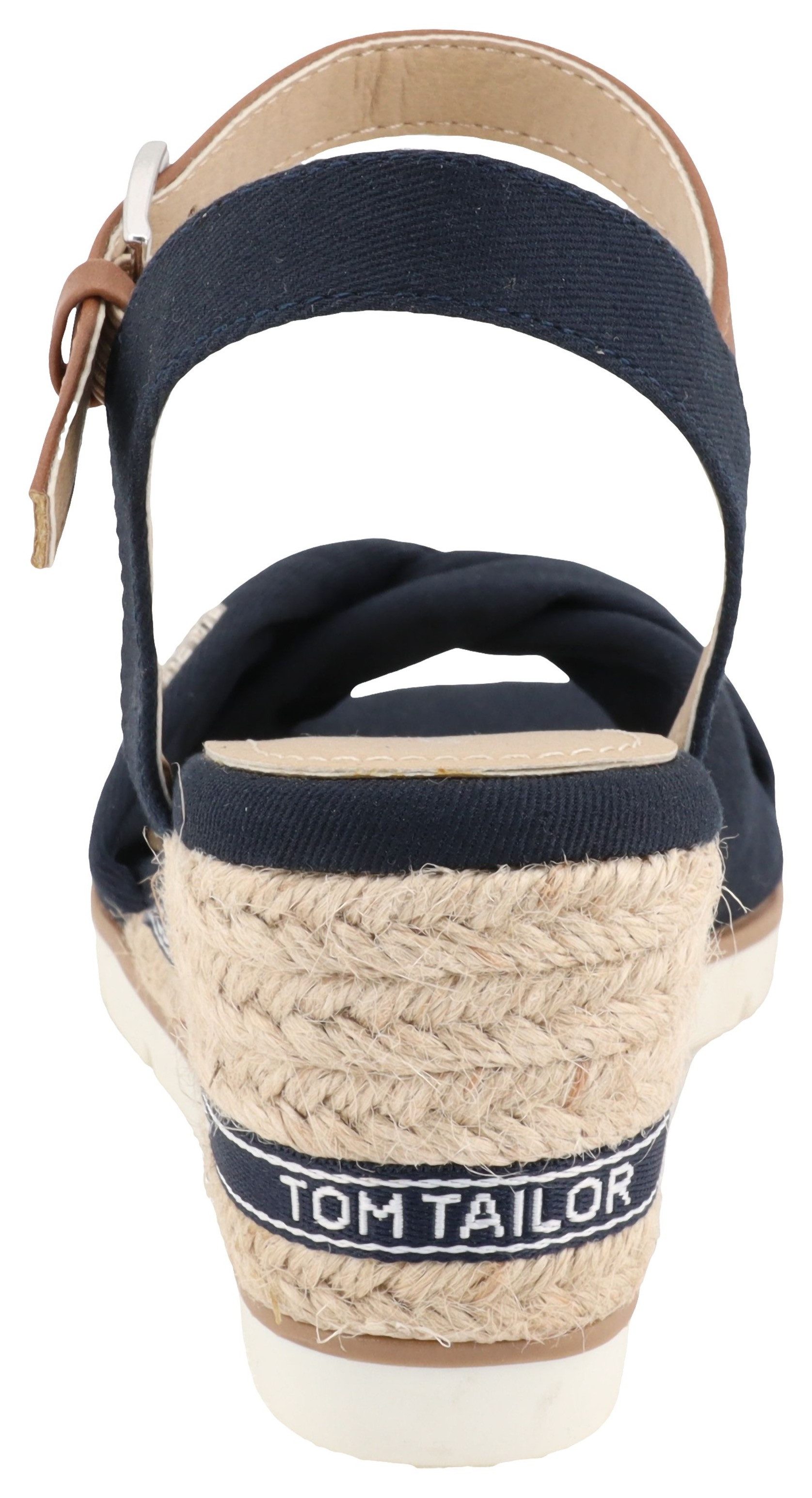 TOM TAILOR Isabel Keilsandalette Riemchensandale, Sommerschuh mit Logoschriftzug im Absatz