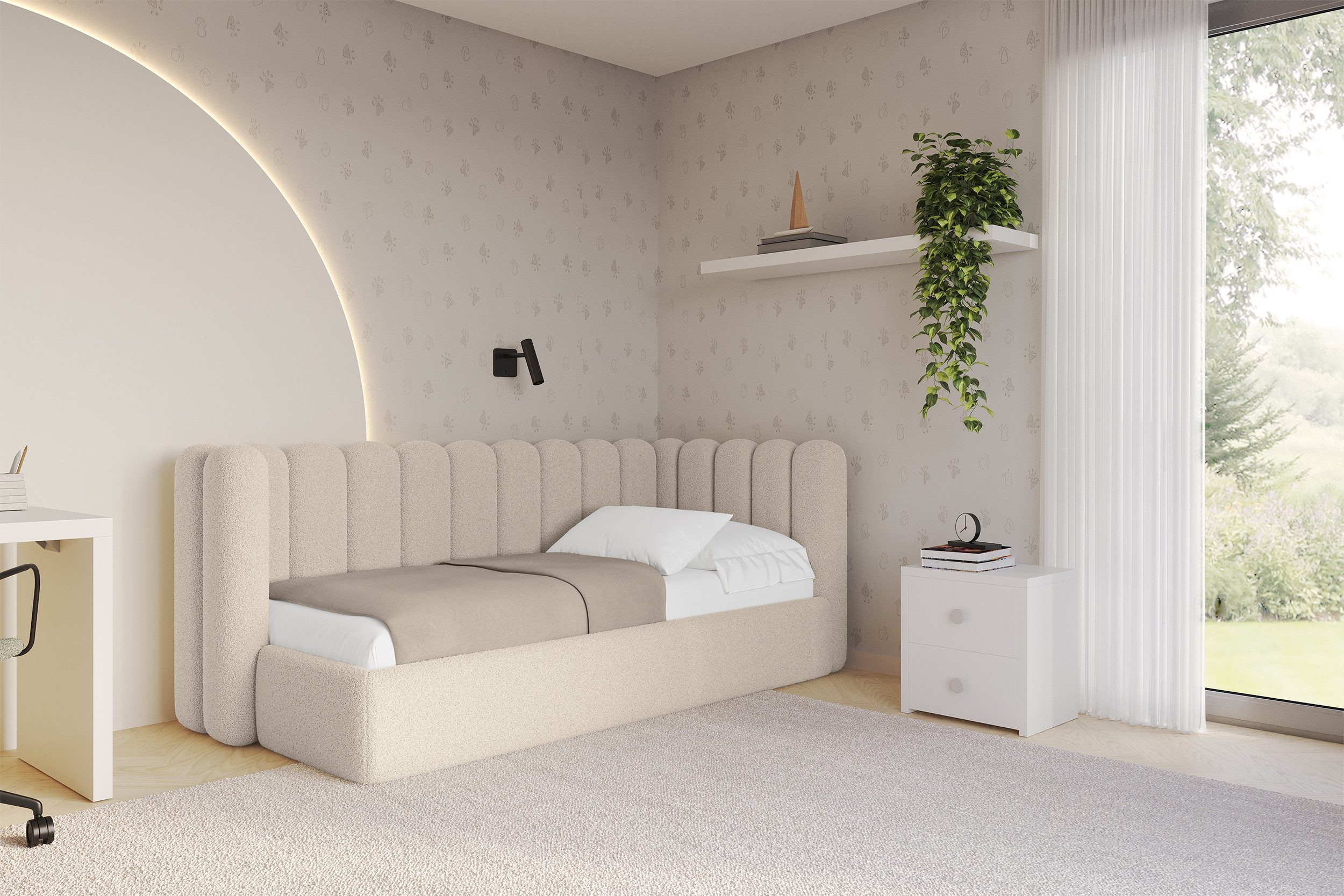 ALTDECOR Jugendbett HUGY (Jugendbett mit Bettkasten und Lattenrost, Polsterbett ohne Matratze), Einzelbett mit Stauraum, Bett mit Kopfteil