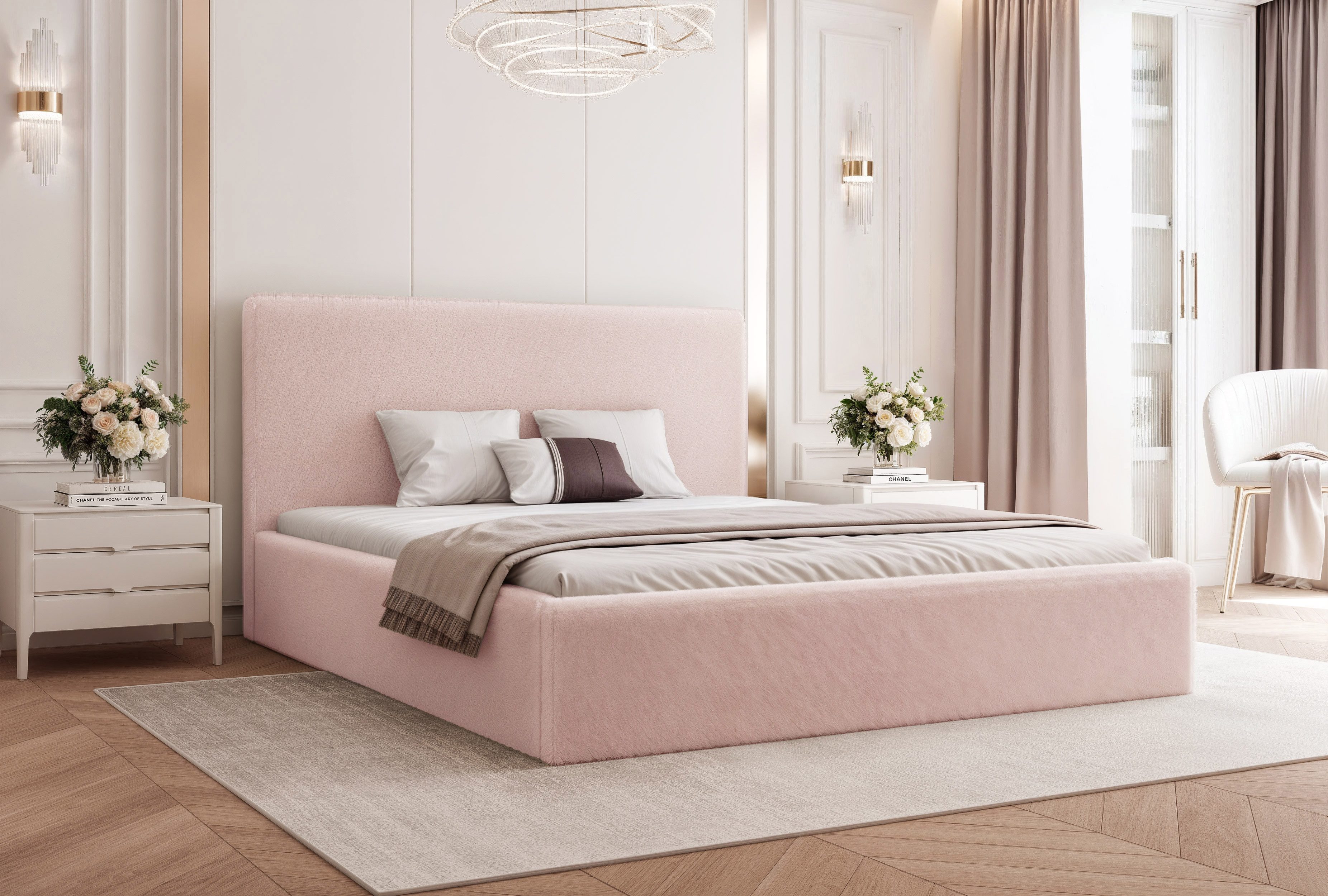 Goldstoff Polsterbett Modernes Bett "LUMINA" mit großem Stauraum und gepolstertem Rahmen (120–200x200 cm, Kopfteilhöhe 70/110 cm), Elegantes Stauraumbett mit gepolstertem Kopfteil und Holzrahmen