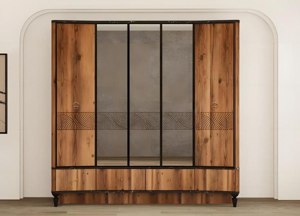 JVmoebel Komplettschlafzimmer Schlafzimmer Garnitur 5tlg. Doppelbett Nachttische Schrank Holz Braun, (5-tlg., Bett, 2xNachttische, Kleiderschrank, Schminktisch), Made in Europe
