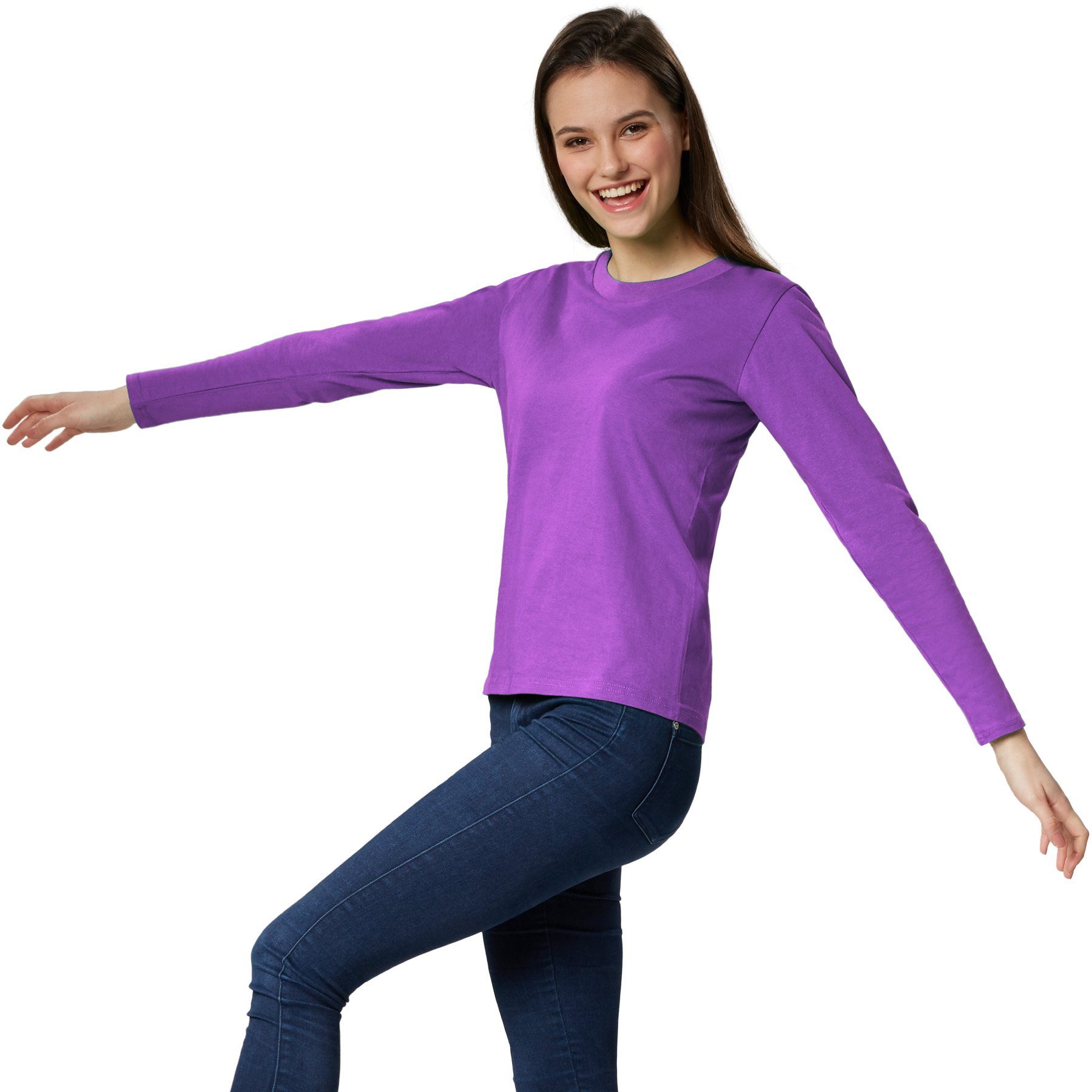 dressforfun Langarmshirt Langarmtop, Für viele Outfits & Auftritte, Rundhals mit (Ärmelshirt, Konfektionsgröße XL in lila) Einfarbiges Langarm-Shirt für Frauen, Fester Stoff, hoher Tragekomfort
