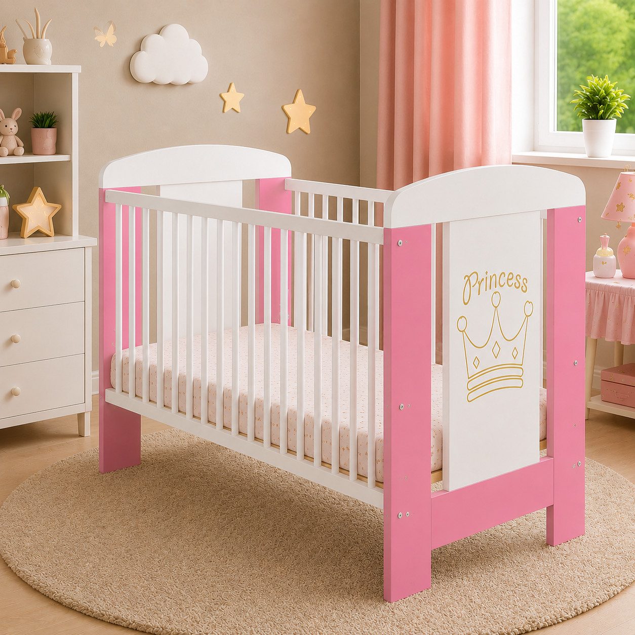 Best for Kids Babybett 120x60cm mit und ohne Matratze, 4-teilig, aus Buchenholz, 1-tlg., Kinderbett, Babybett 60x120 cm mit 3 herausnehmbare Schlupfsprossen