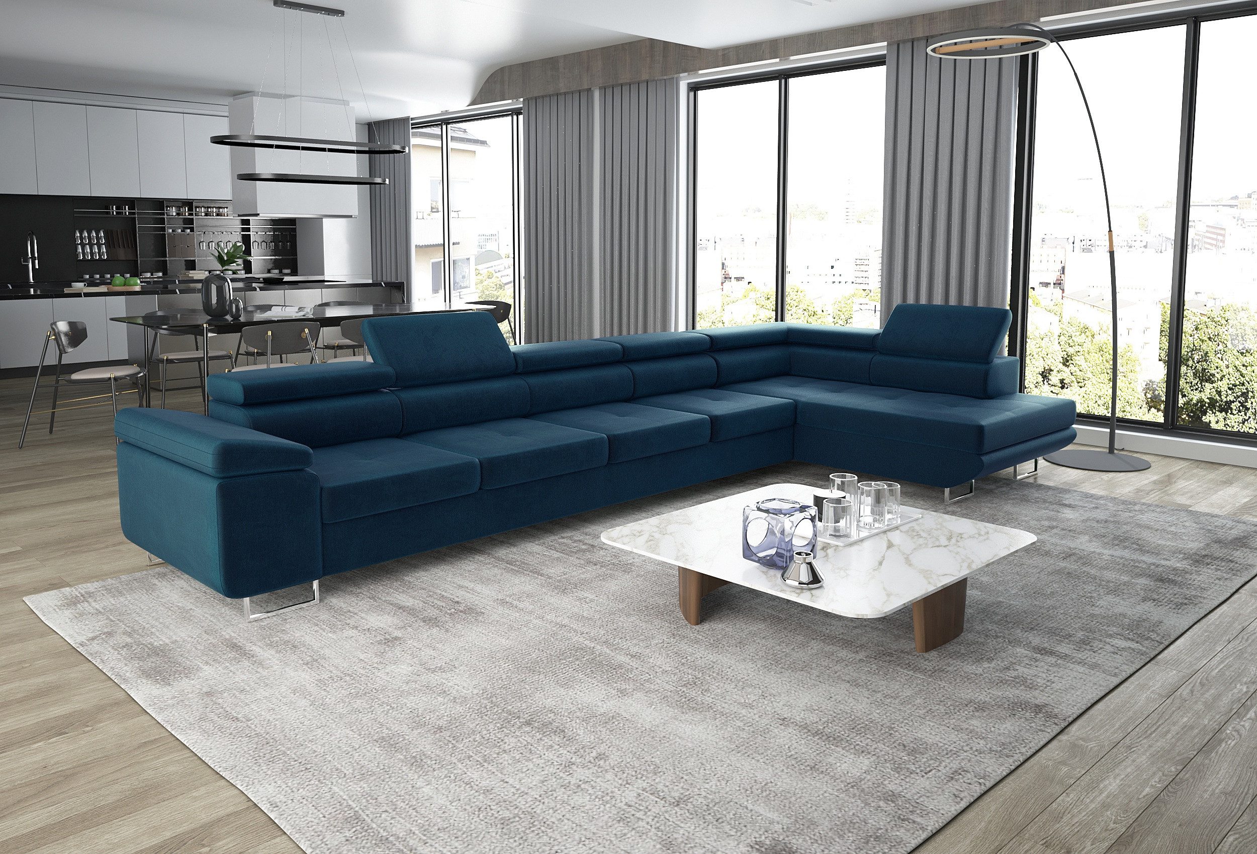 thematys Ecksofa ASTON MAXI 405 x 203cm mit Schlaffunktion & Bettkasten –, L-Sofa mit 5 verstellbaren Kopfstützen, Samt (Monolith), Cord (Poso) - L-Form, XL-Wohnlandschaft, 405 cm breit
