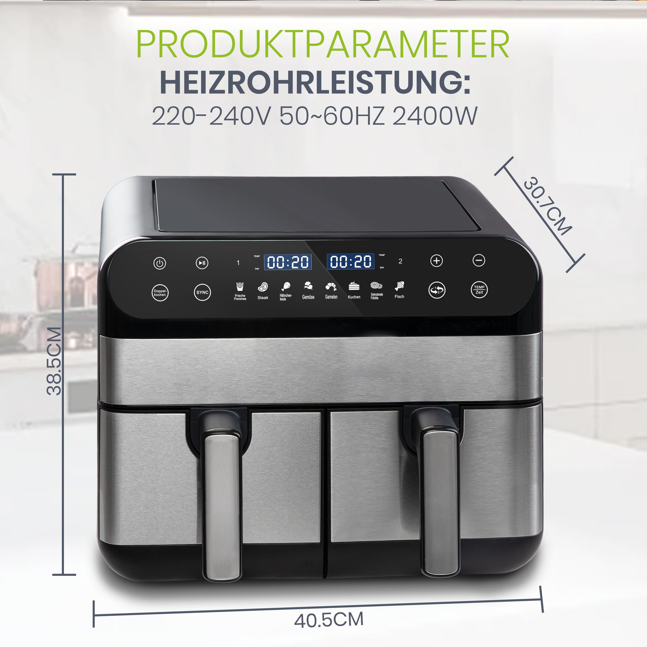 WHEELYOU Heißluftfritteuse 10 L Dual-Zonen Airfryer mit 2400 W – Touch-LED & 8 Kochprogramme, 2400 W, mit 8 Kochprogrammen & synchroner Garfunktion