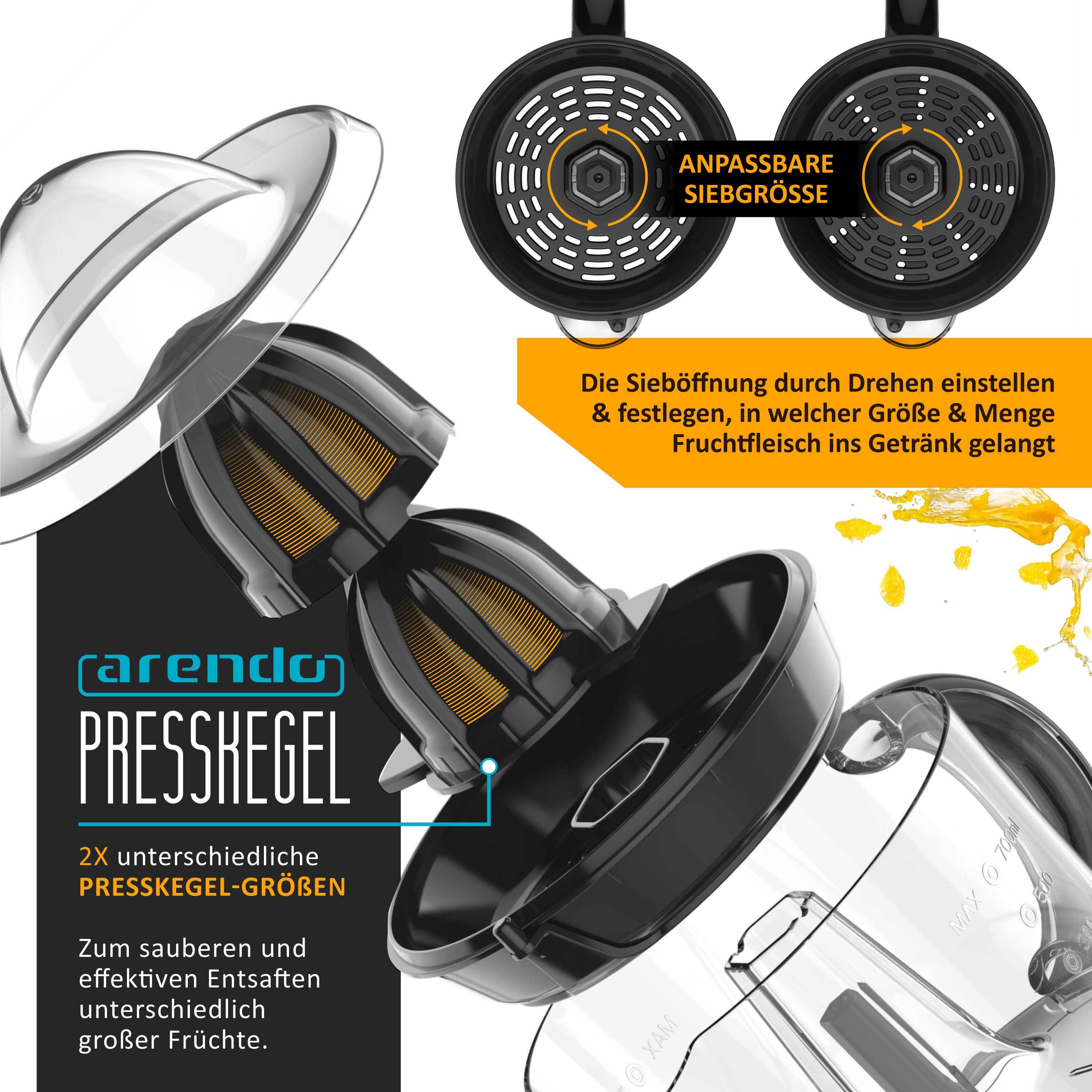 Arendo Entsafter Automatische Zitruspresse, 2 Presskegel, BPA-frei, zwei Drehrichtungen, 40 W, 700ml Behälter, anpassbare Siebgröße, Aromadeckel, spülmaschinenf – Bild 4 von 5