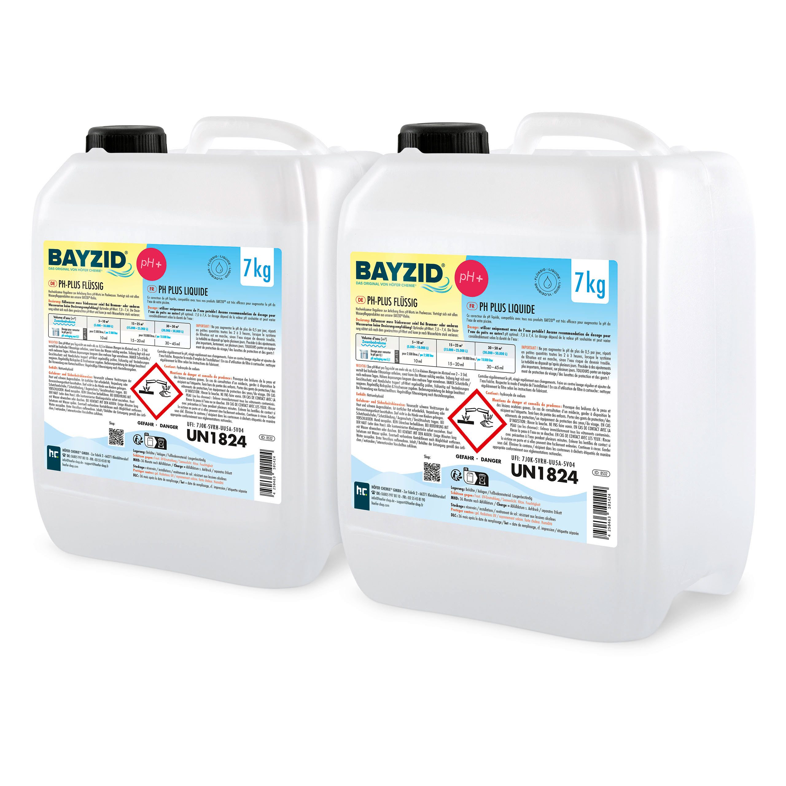 Höfer Chemie GmbH Poolpflege 2x 7 kg BAYZID® pH Plus flüssig für Pools, Zuverlässige Regulierung des pH-Werts