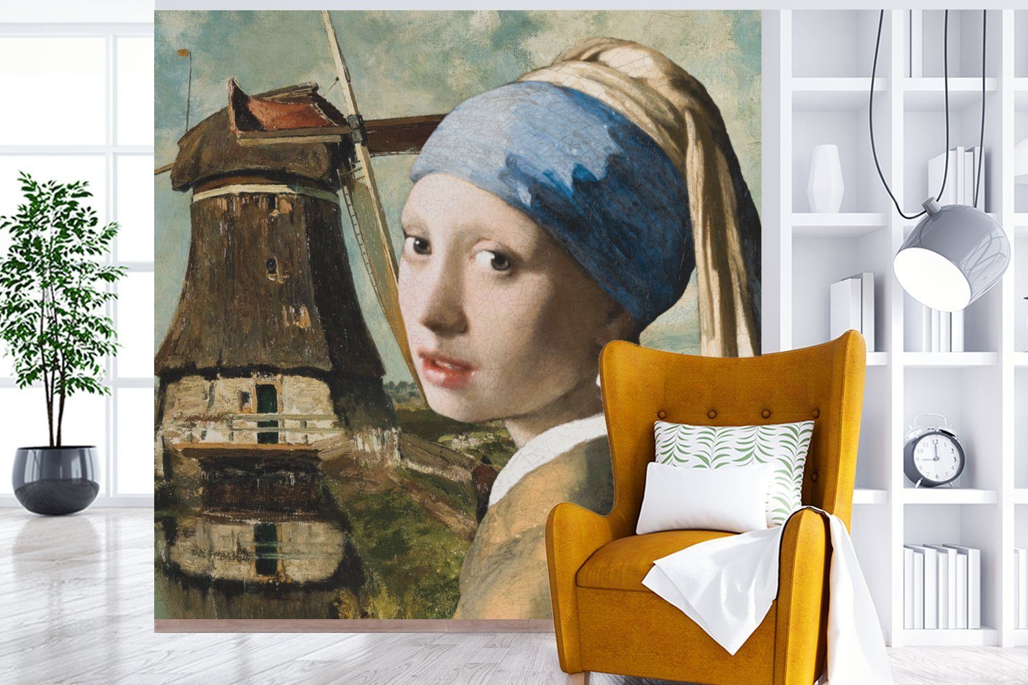 für dem Vermeer Windmühle, MuchoWow Wohnzimmer - Matt, Perlenohrring Vinyl oder Tapete (5 Das bedruckt, Fototapete Mädchen mit Wandtapete St), - Schlafzimmer,