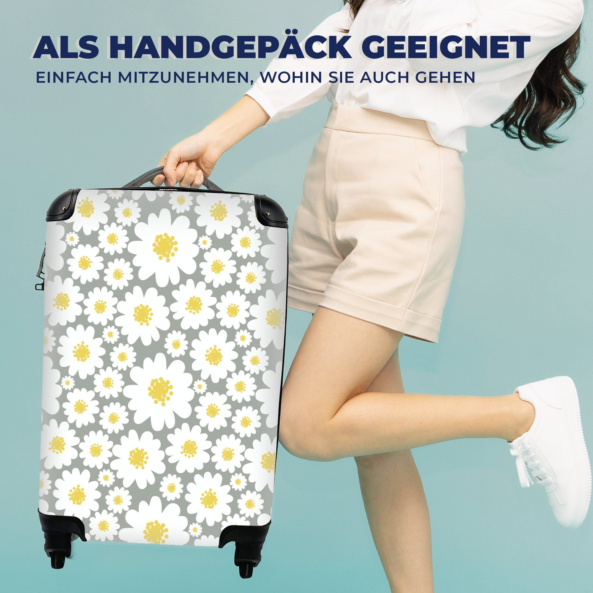 - mit für Muster Rollen, -, Trolley, Handgepäckkoffer Ferien, Handgepäck Reisekoffer Gänseblümchen - - Blumen Kinder Reisetasche Mädchen Weiß Mädchen rollen, - - - 4 MuchoWow