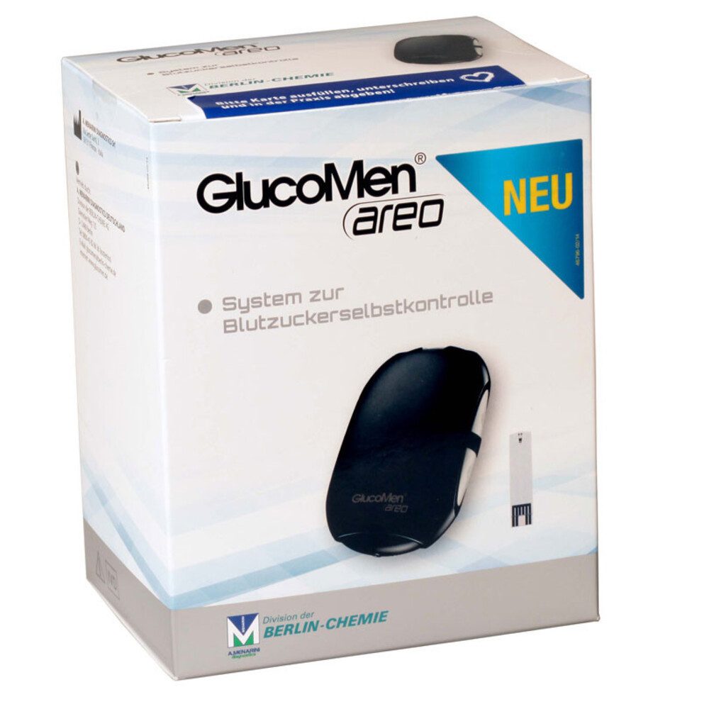 GlucoMen Blutzuckermessgerät areo Blutzucker mmol/l oder mg/dl, Spar-Set, Diabetestherapie Überwachung, Temperaturkompensation, Autocodierung, 700 Speicherplätze, Beleuchtetes Display, große Ziffern