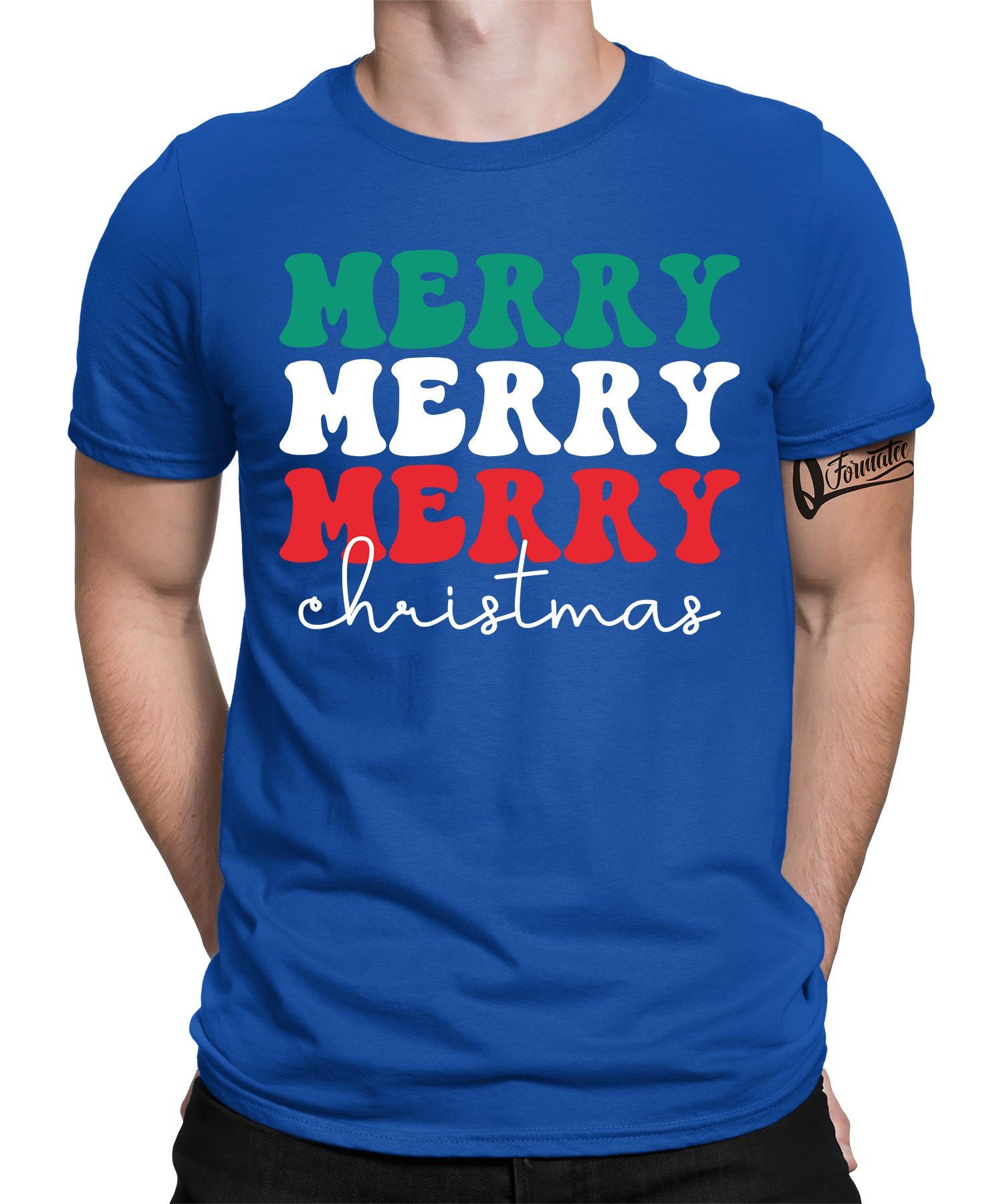 Quattro Formatee Kurzarmshirt Merry Christmas Xmas - Weihnachten Nikolaus Weihnachtsgeschenk Herren (1-tlg) Blau