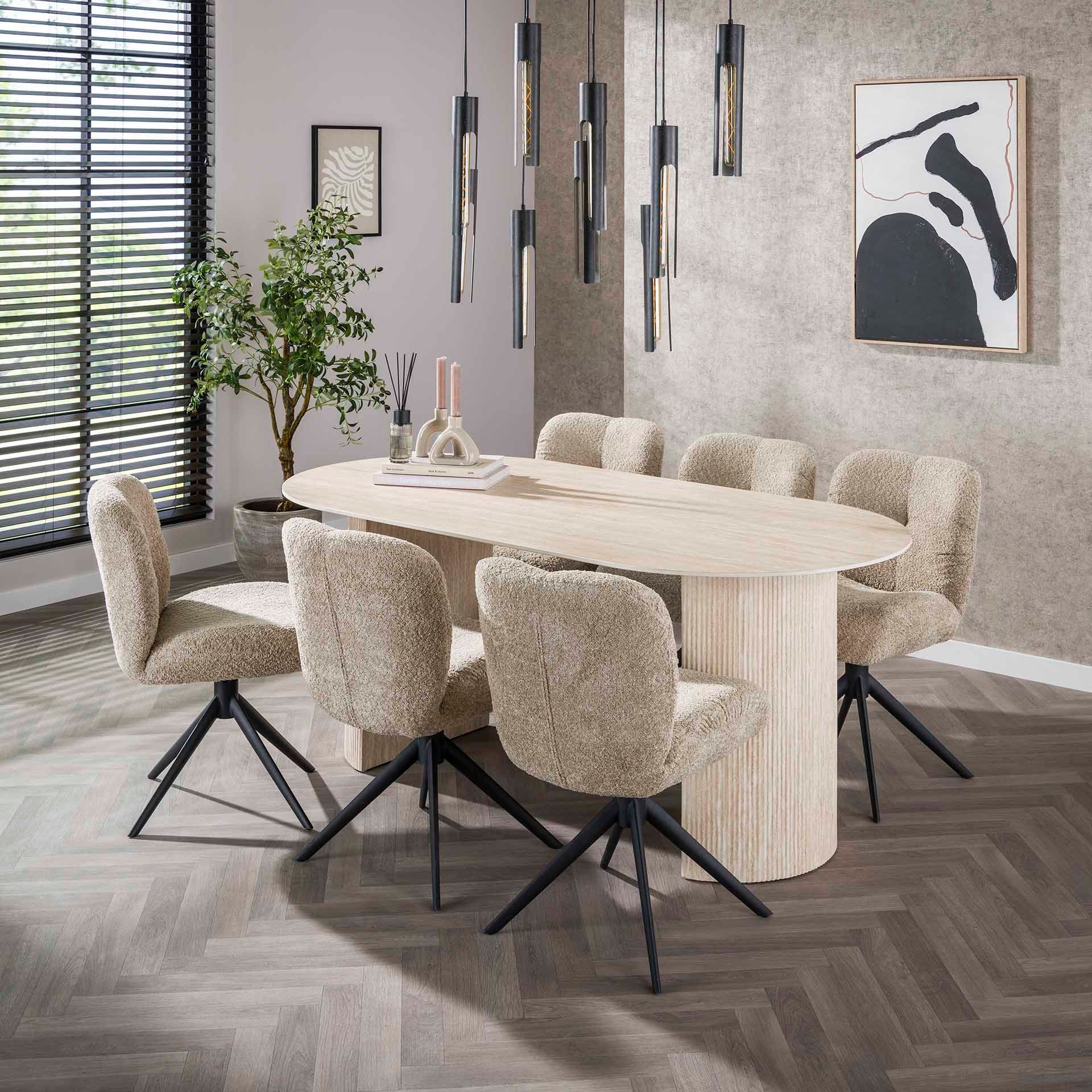 Furnhaus Esstisch Homa oval Keramik in Travertin Optik, Beige, 180 cm breit. ovale Keramikplatte in Travertin-Optik. pflegeleicht