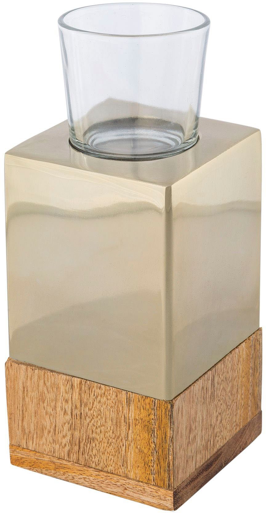 Creativ home Teelichthalter Kerzenhalter Tower Holz, (Set, aus champagnerfarben und 2 St), Glas Edelstahl