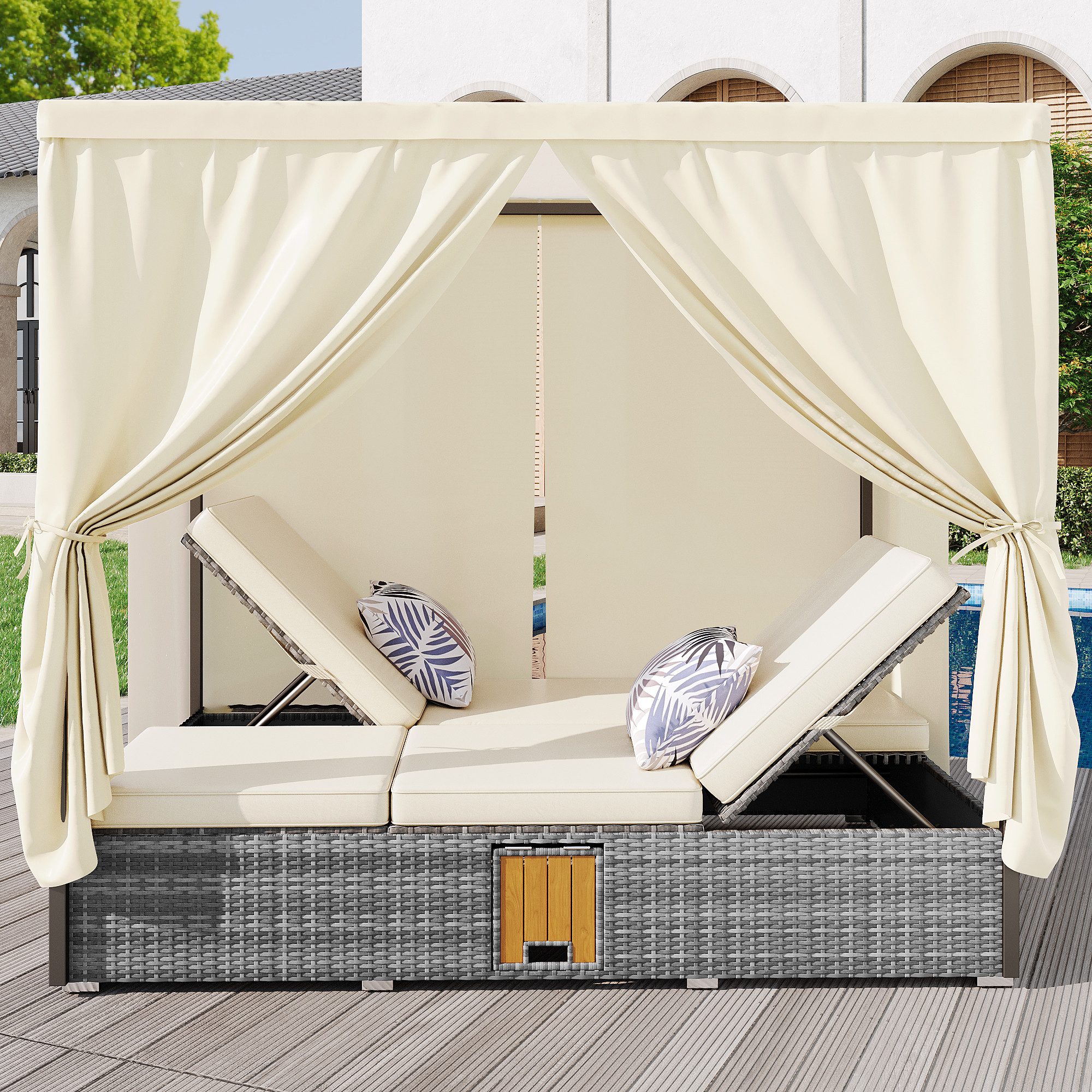 Merax Gartenliege aus Polyrattan, 1 St., Sitzgruppe Doppelbett Gartengarnitur Terrassenmöbel Balkonmöbel, Gartenmöbel klappbare Doppelliege mit Schattenvorhang & Klapptisch