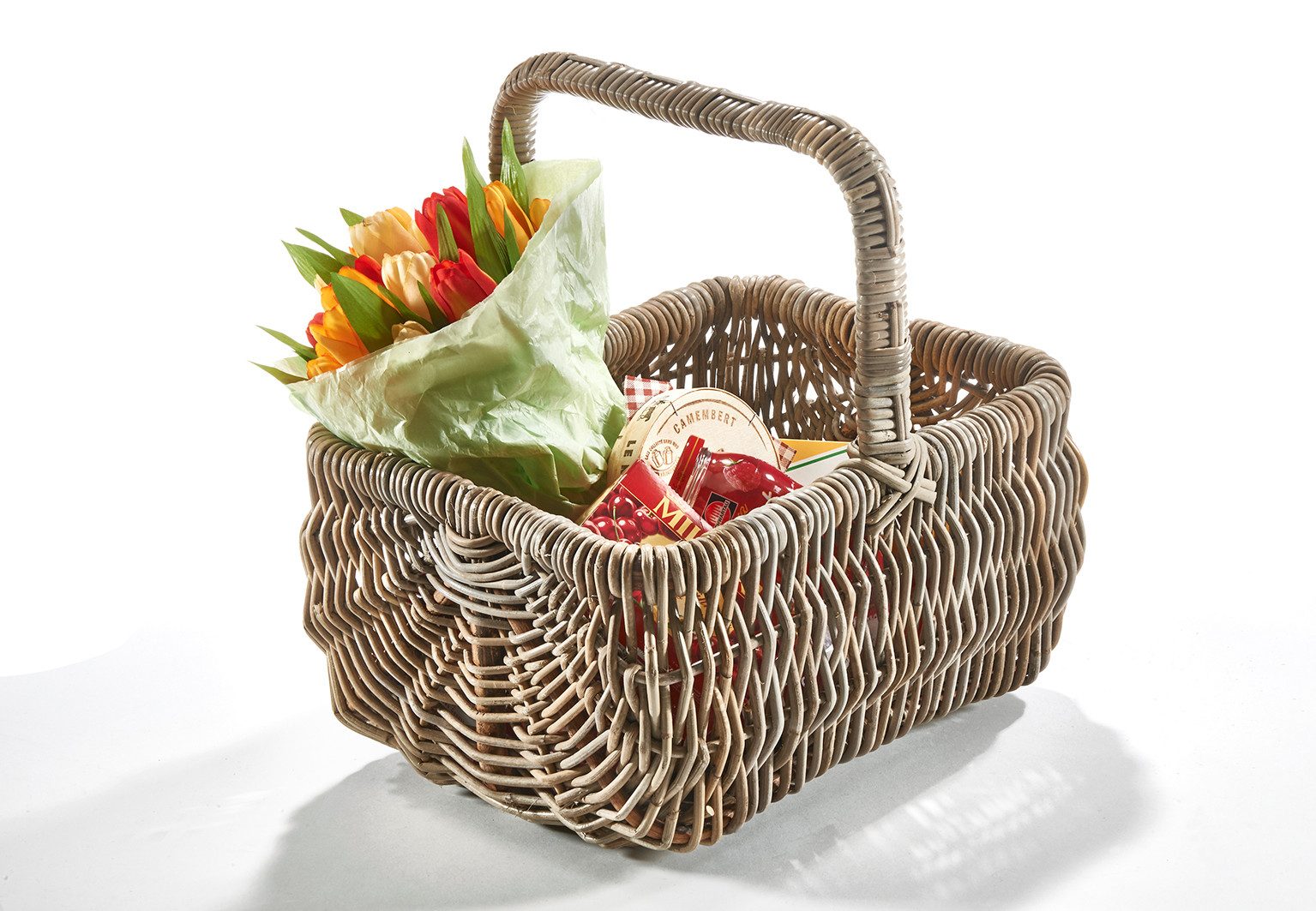 Kobolo Einkaufskorb Korb ETTA mit Henkel aus Rattan in kubu grey