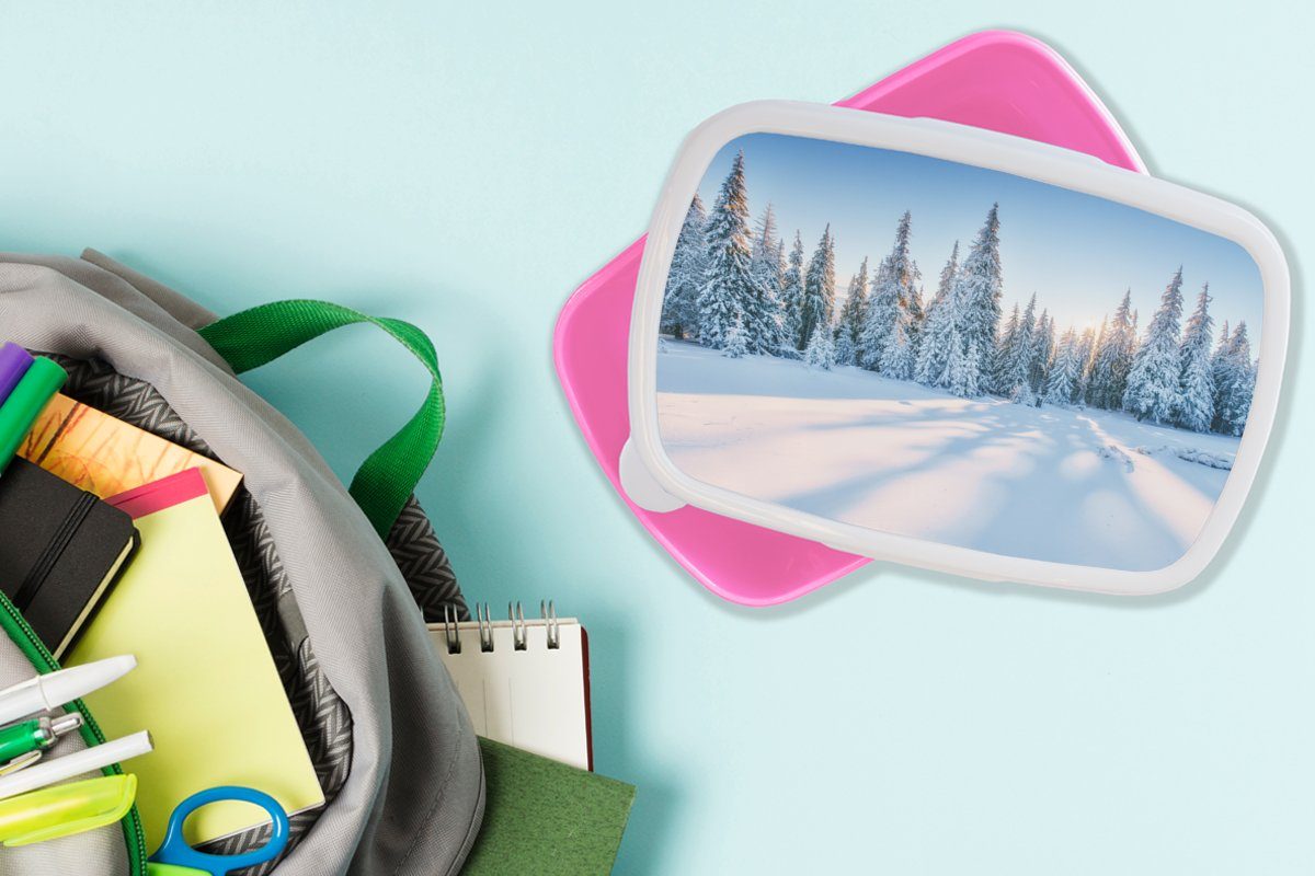MuchoWow Lunchbox Schnee Mädchen, Kunststoff, - Snackbox, Brotdose Brotbox Kunststoff - Kinder, (2-tlg), Winter, rosa für Erwachsene, Wald