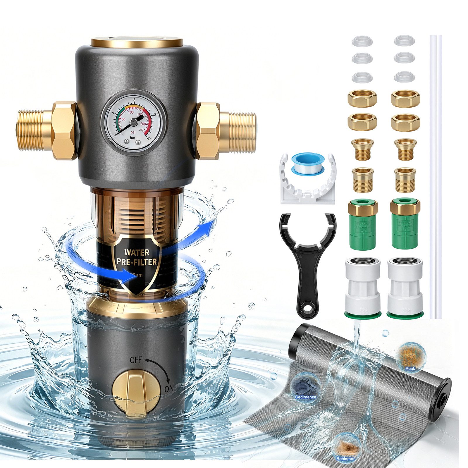 XERSEK Rückspülfilter 8 T/h Wasserfilter Vorfilter Selbstreinigung Spin Down Sedimentfilter (Set, 1'' mit Adaptern 1/2'' & 3/4), Hauswasserfilter mit Schabelement