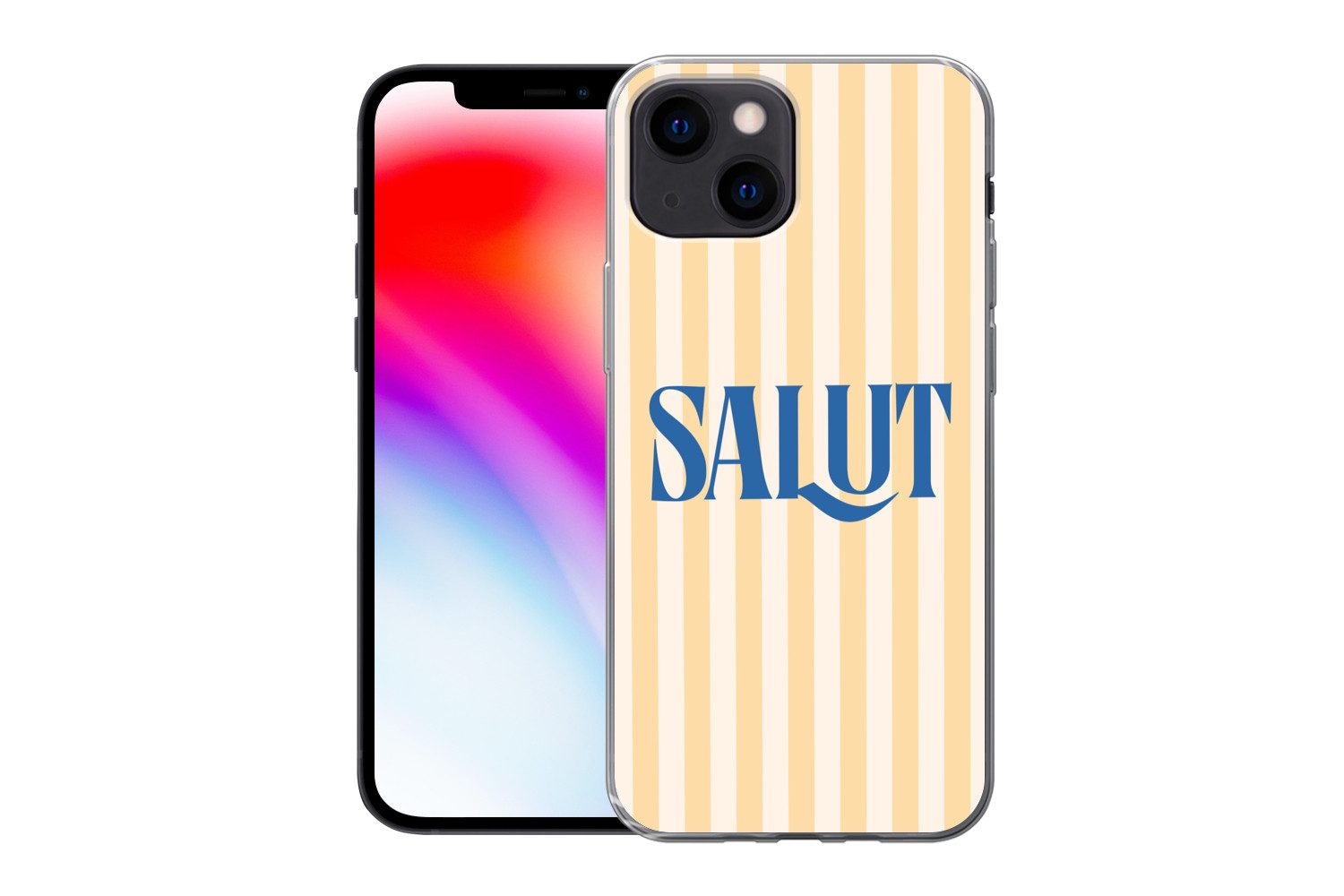 MuchoWow Handyhülle für Apple iPhone 13 mini Salut - Zitat - Streifen - Gelb - Blau - Weiß, Smartphone-Bumper, Print, Handy Schutzhülle Dünn