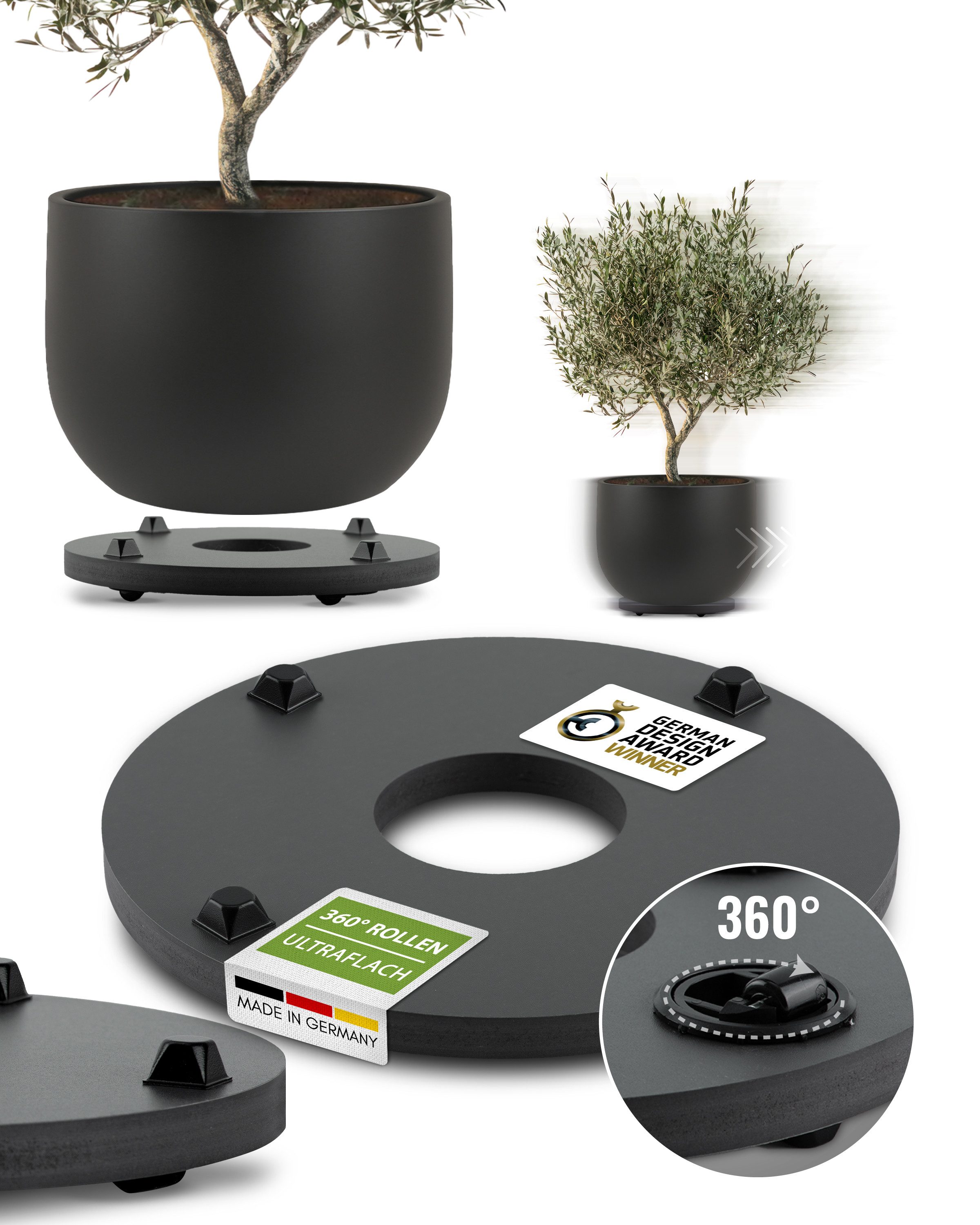 Pflanzwerk® Pflanzenroller Pflanzkübel Blumentopf Ultraflacher Designer Untersetzer Gefäßroller, German Design Award® - 2 Jahre Garantie - Outdoor & Indoor geeignet