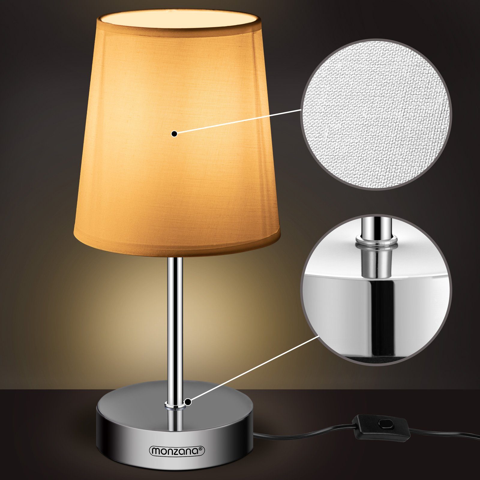 monzana Tischleuchte Lumiere, Leuchtmittel wechselbar, 32 cm Stoffschirm E14 Chrom Metall Wohnzimmer Büro Schlafzimmer