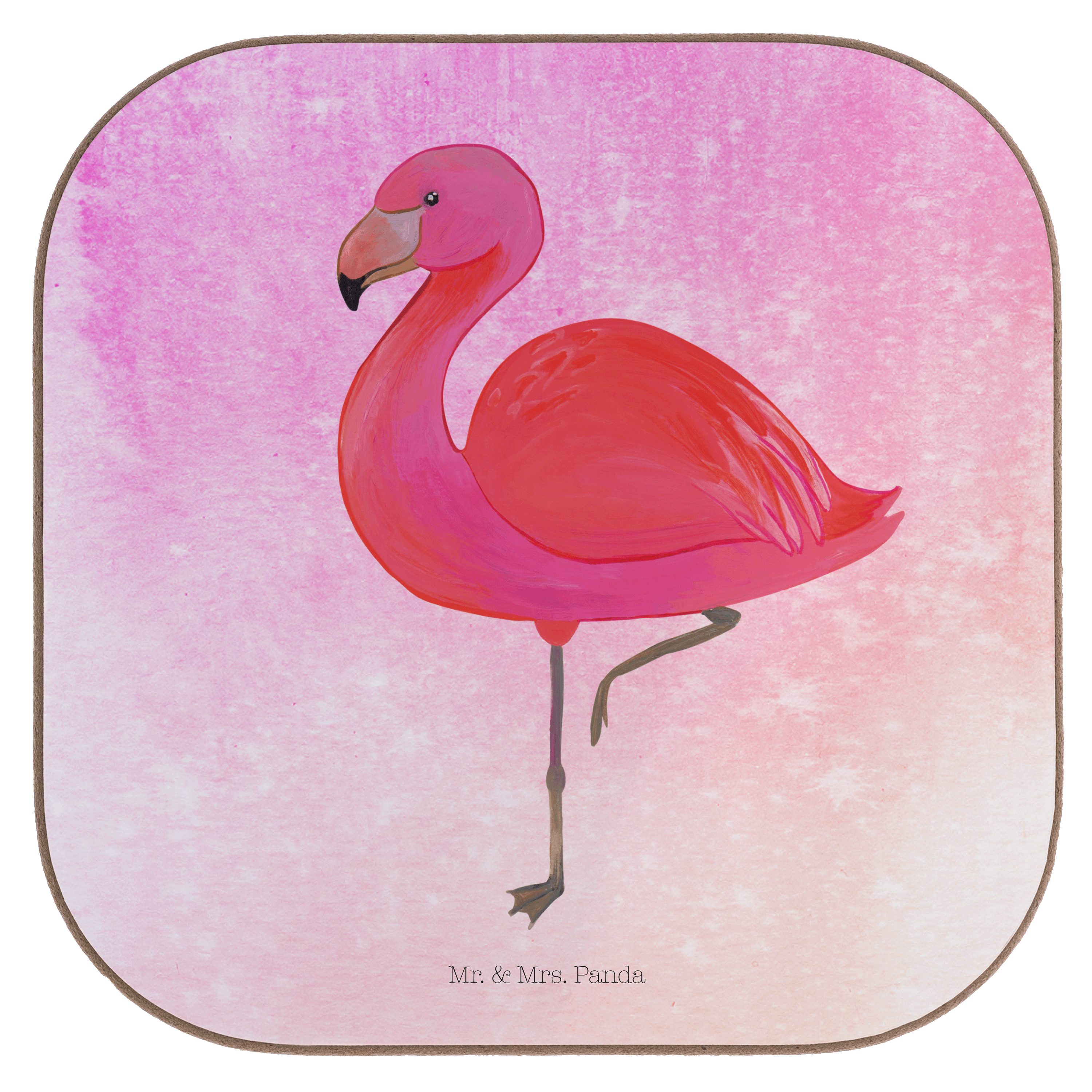 Mr. & Mrs. Panda Getränkeuntersetzer Flamingo classic - Aquarell Pink - Geschenk, einzigartig, Bierdeckel, 1-tlg.