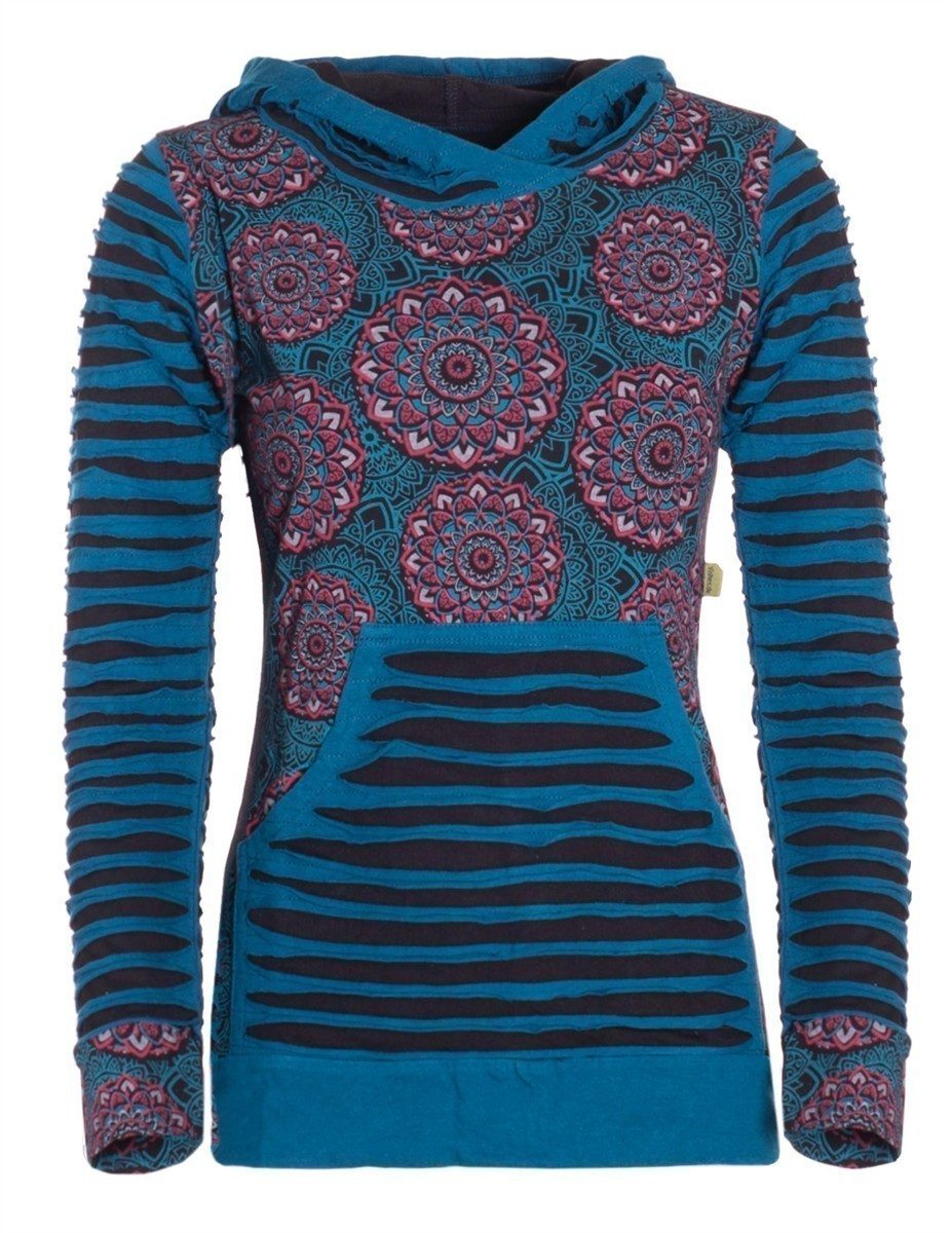 Vishes Kapuzensweatshirt Cutwork Hoodie Baumwolle Langarm Kapuze Tasche bedruckt Alternative Mode, Ethno, Hippie, Goa Style