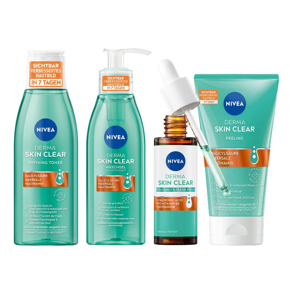 Gesichtspflege-Set Derma Skin Clear Set (4in1) mit Waschgel, Peeling, Toner, Night Serum