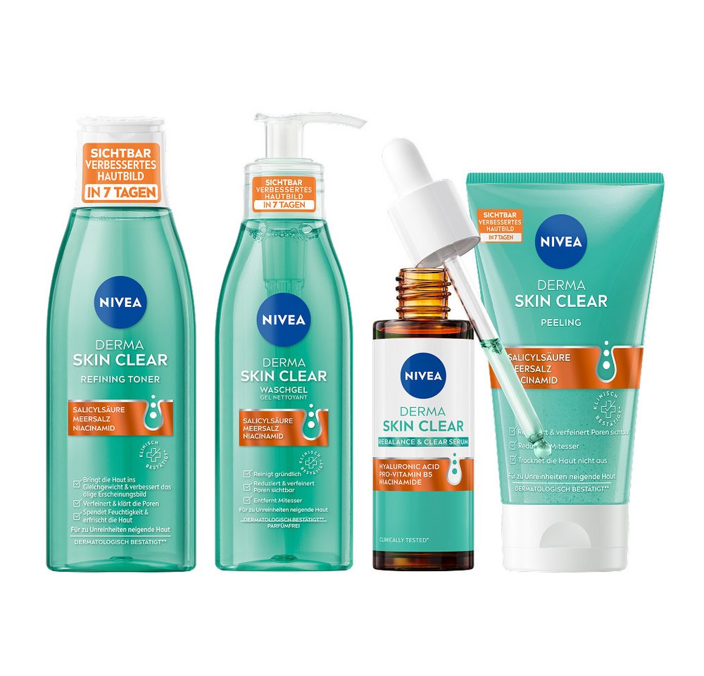 Nivea Gesichtspflege-Set Derma Skin Clear Set (4in1) mit Waschgel, Peeling, Toner, Night Serum, 4-tlg.
