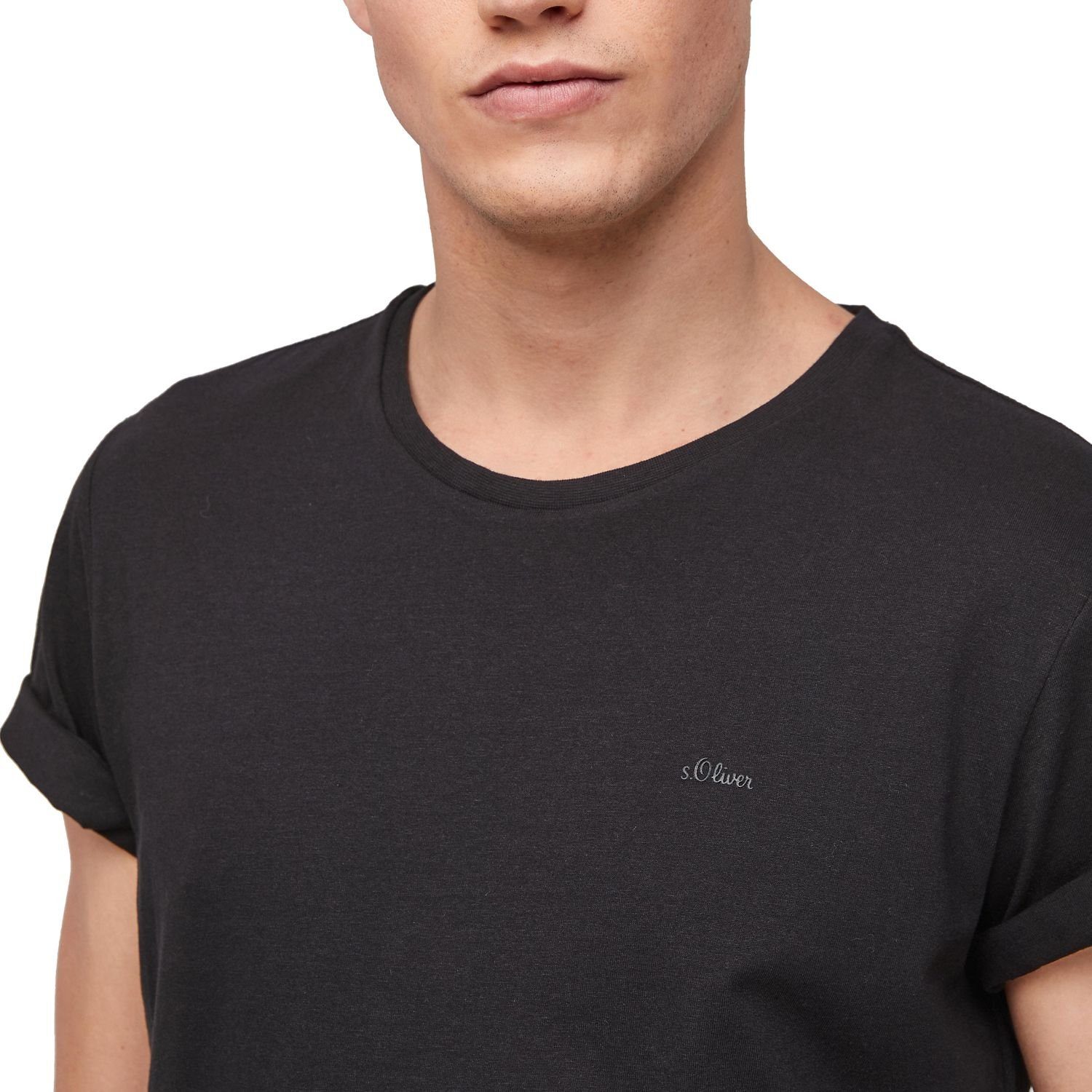 2er s.Oliver Basic, moderner mit (2-tlg) im schlicht, unifarben, T-Shirt Schwarz Pack Look Logo,