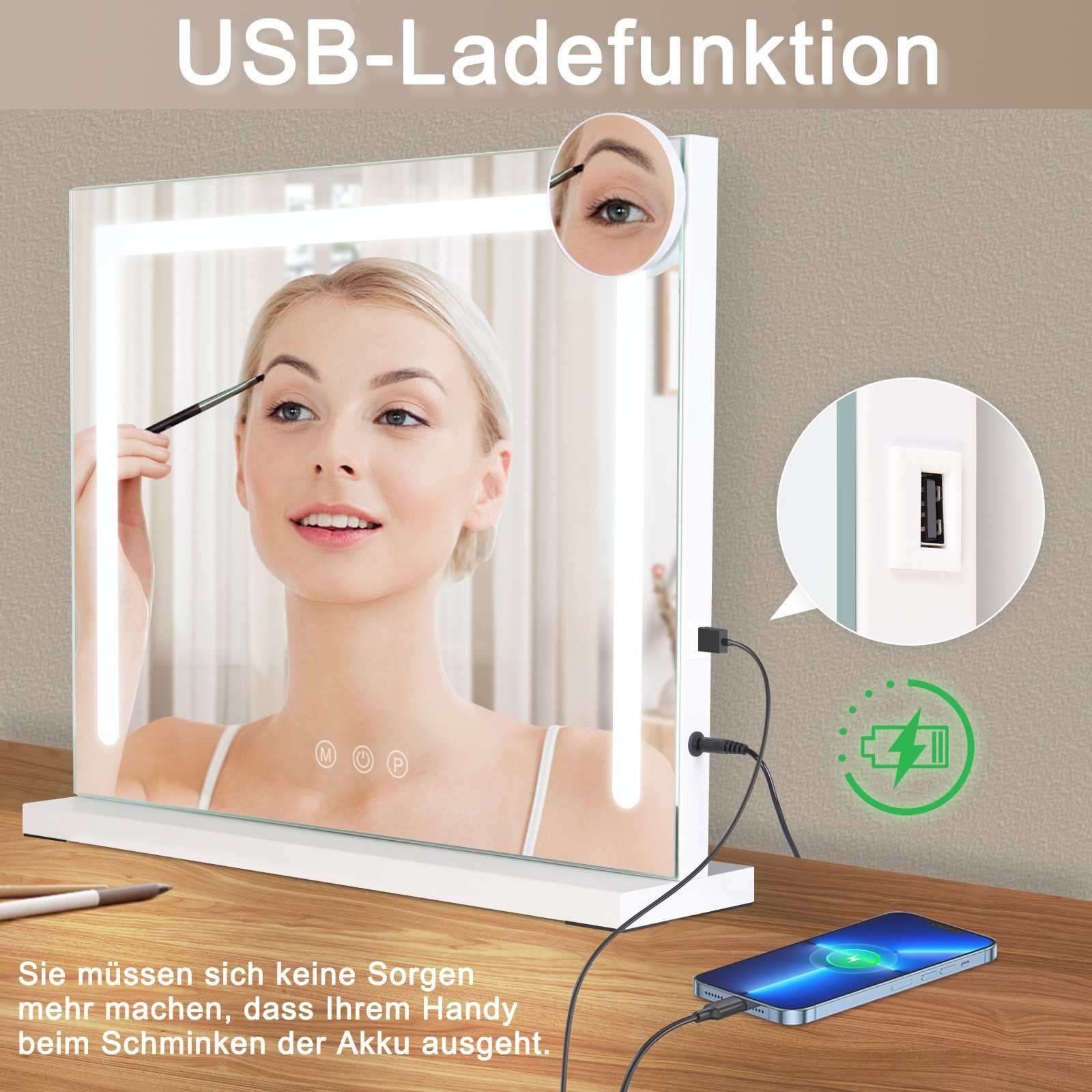 Nettlife Schminkspiegel Licht 50x40cm 3 Farben USB Touch-Steuerung Hollywood Spiegel (3-farbig einstellbares Licht mit Memory-Funktion, 1-St., Touchscreen), 5 F – Bild 4 von 5